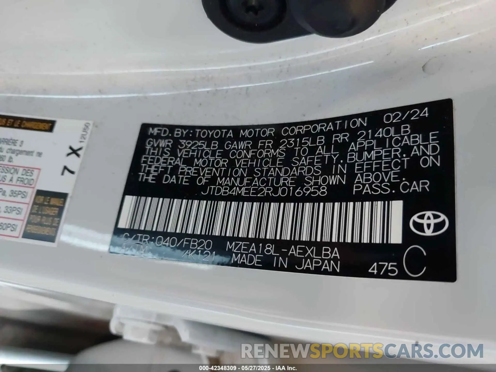 9 fotografías del automóvil dañado JTDB4MEE2RJ016958 TOYOTA COROLLA 2024