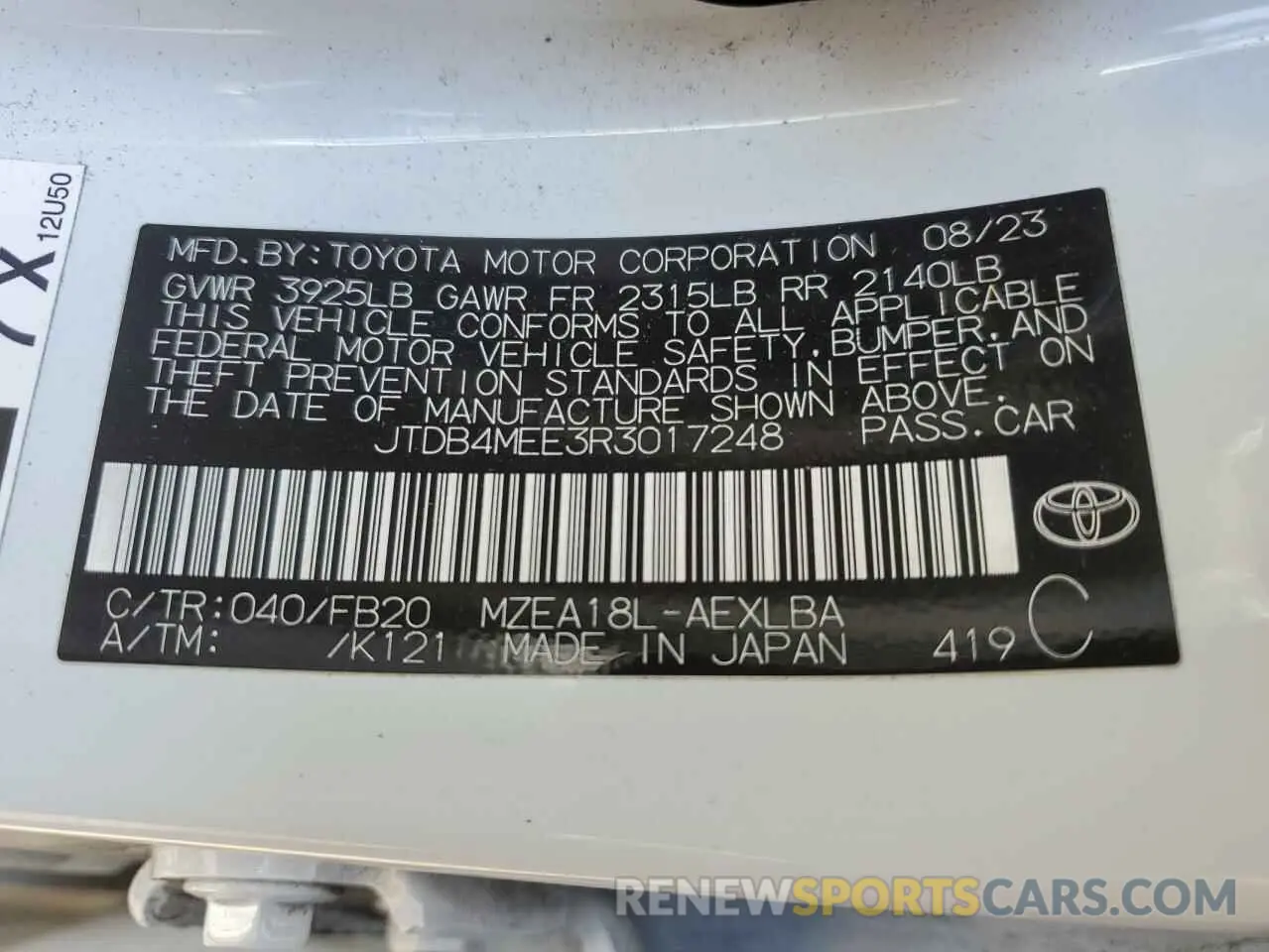 12 fotografías del automóvil dañado JTDB4MEE3R3017248 TOYOTA COROLLA 2024