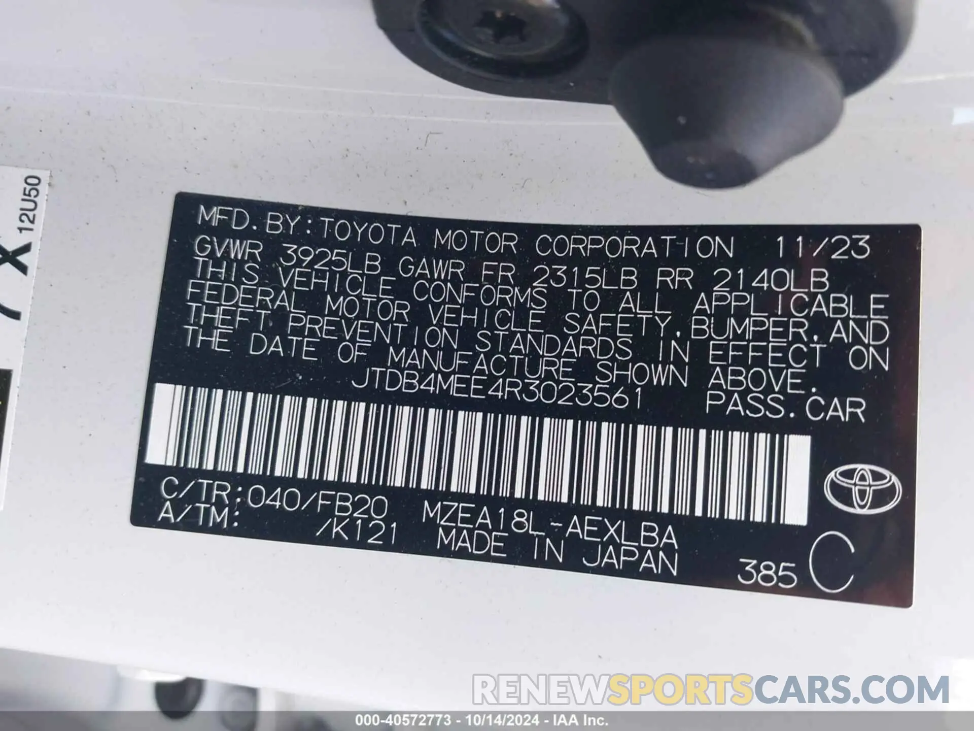 9 fotografías del automóvil dañado JTDB4MEE4R3023561 TOYOTA COROLLA 2024