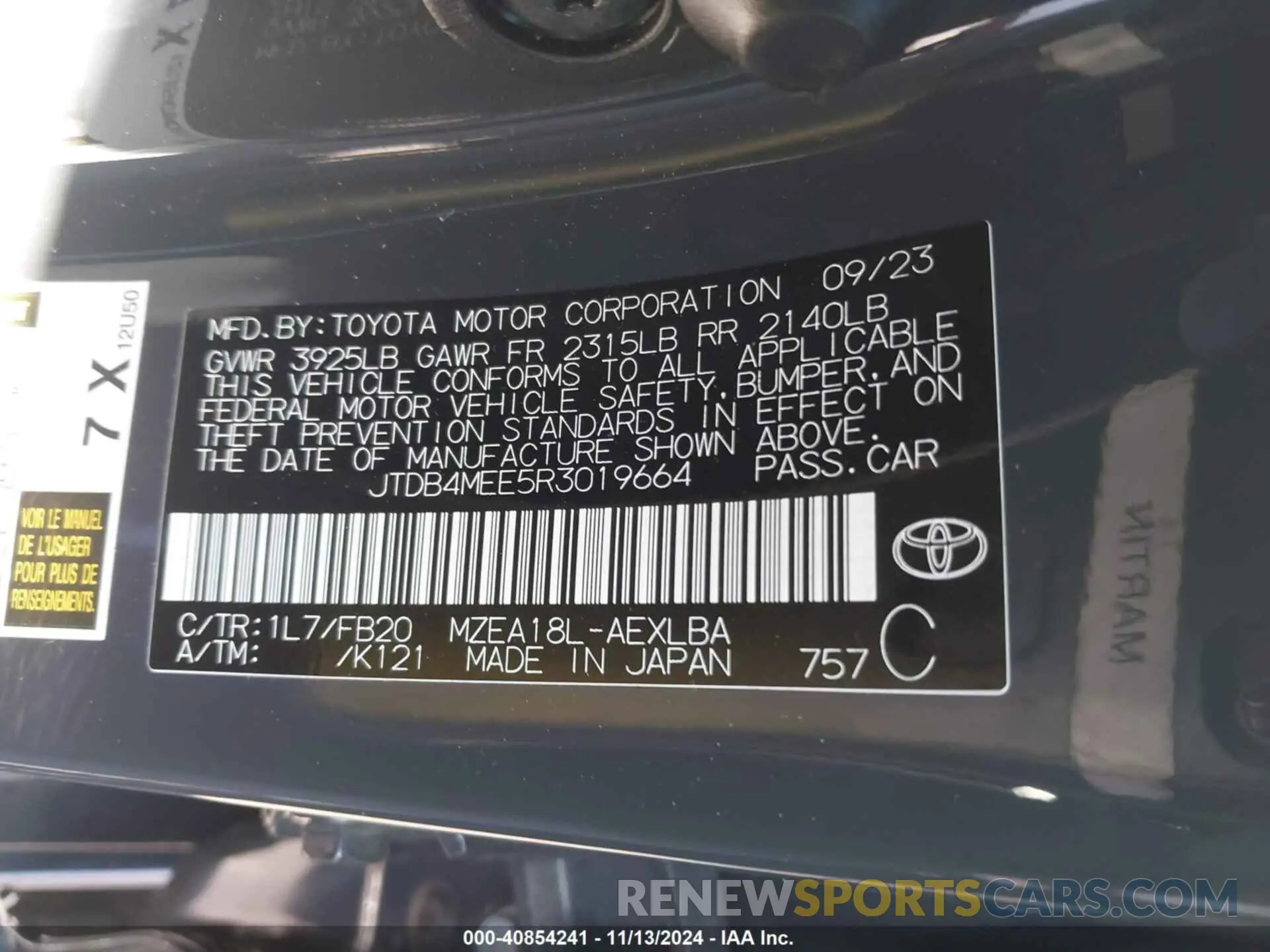 9 fotografías del automóvil dañado JTDB4MEE5R3019664 TOYOTA COROLLA 2024