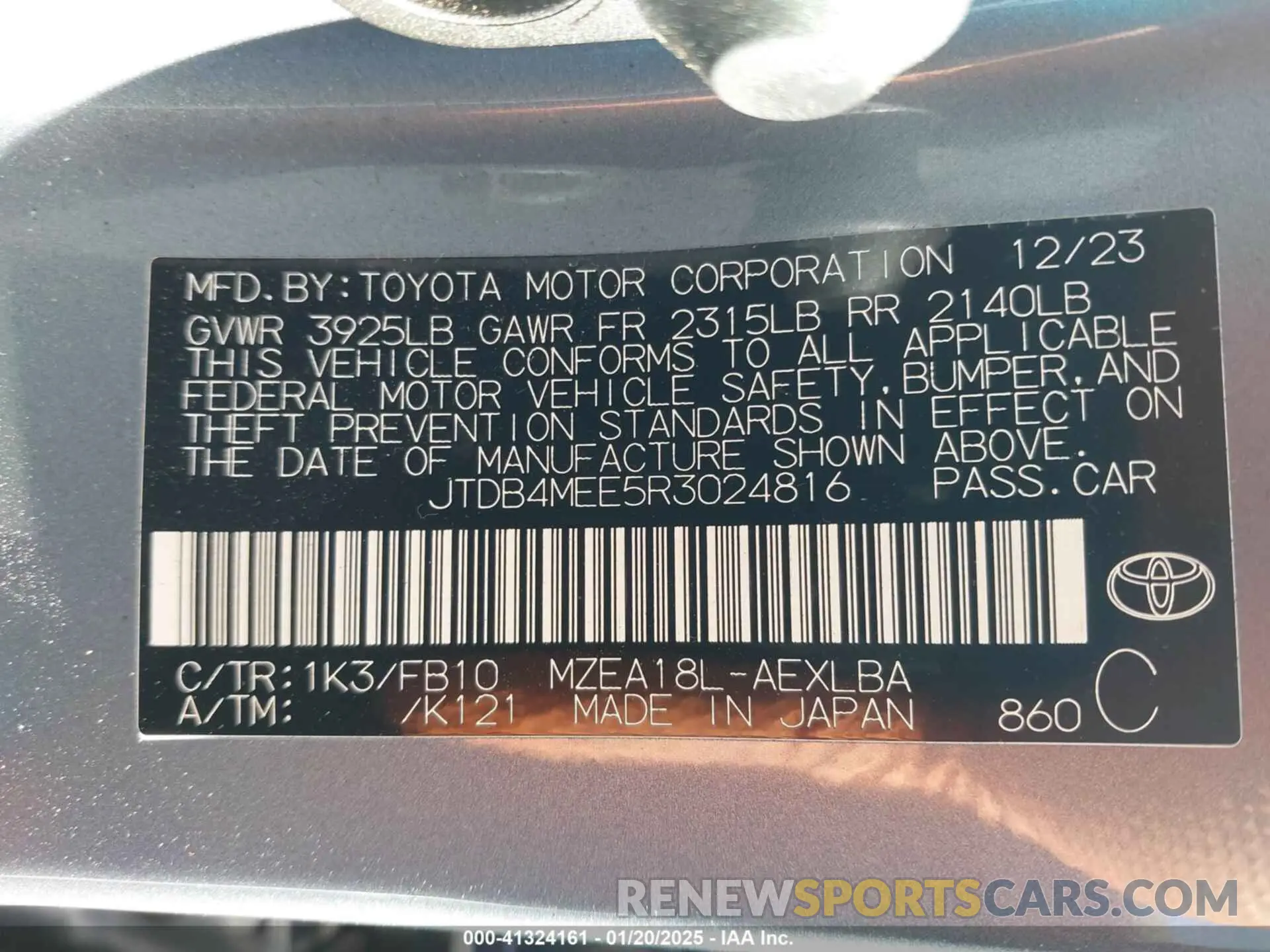 9 fotografías del automóvil dañado JTDB4MEE5R3024816 TOYOTA COROLLA 2024