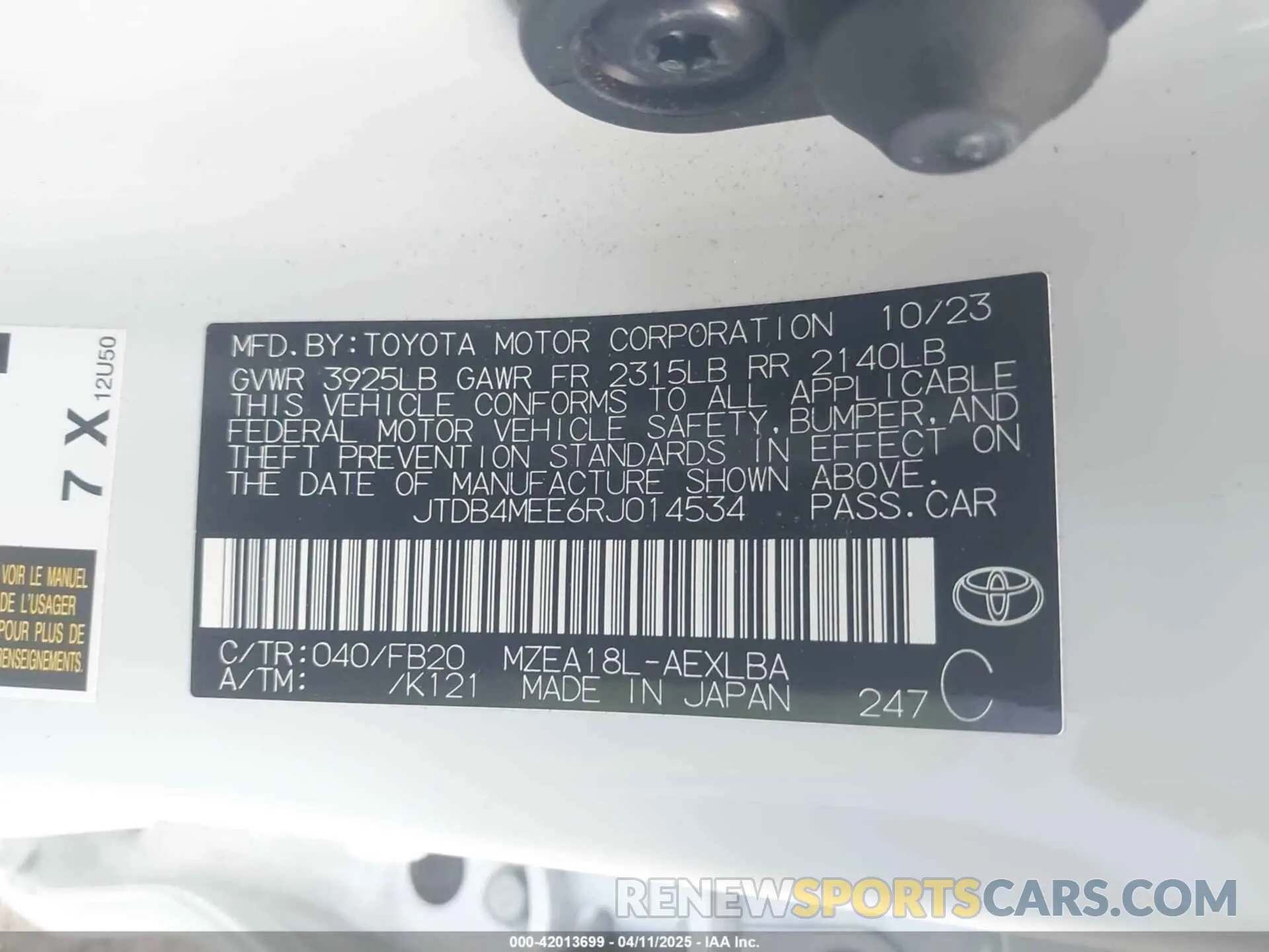 9 fotografías del automóvil dañado JTDB4MEE6RJ014534 TOYOTA COROLLA 2024