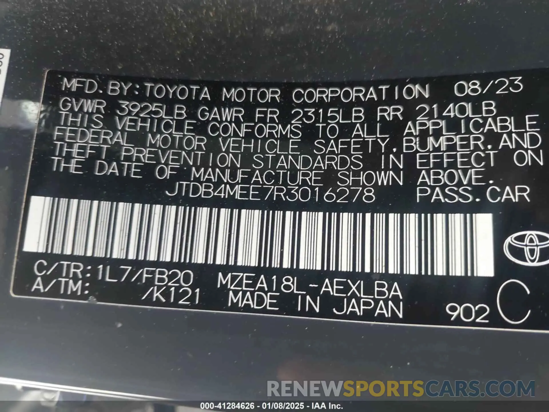 9 fotografías del automóvil dañado JTDB4MEE7R3016278 TOYOTA COROLLA 2024
