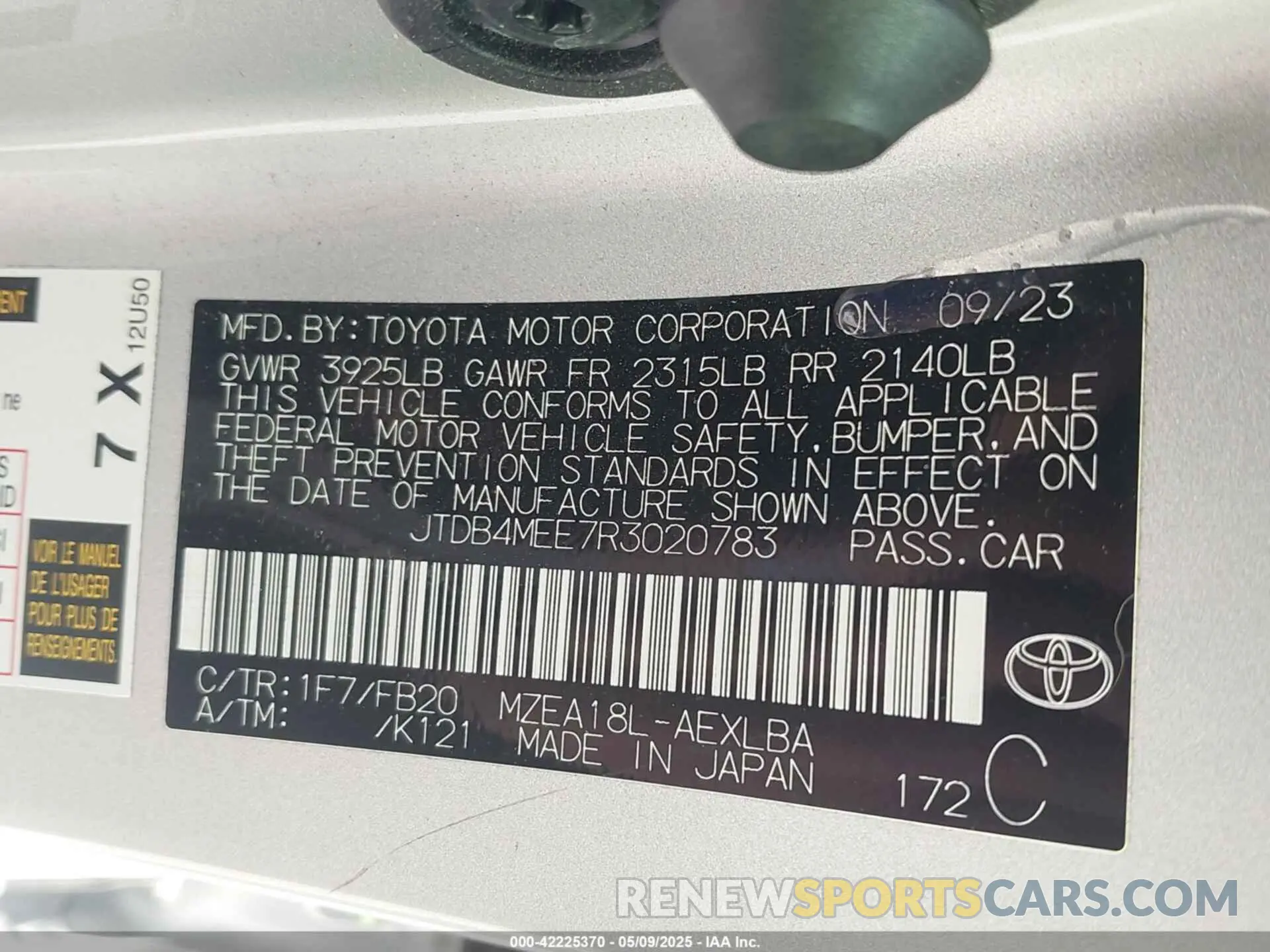 9 fotografías del automóvil dañado JTDB4MEE7R3020783 TOYOTA COROLLA 2024