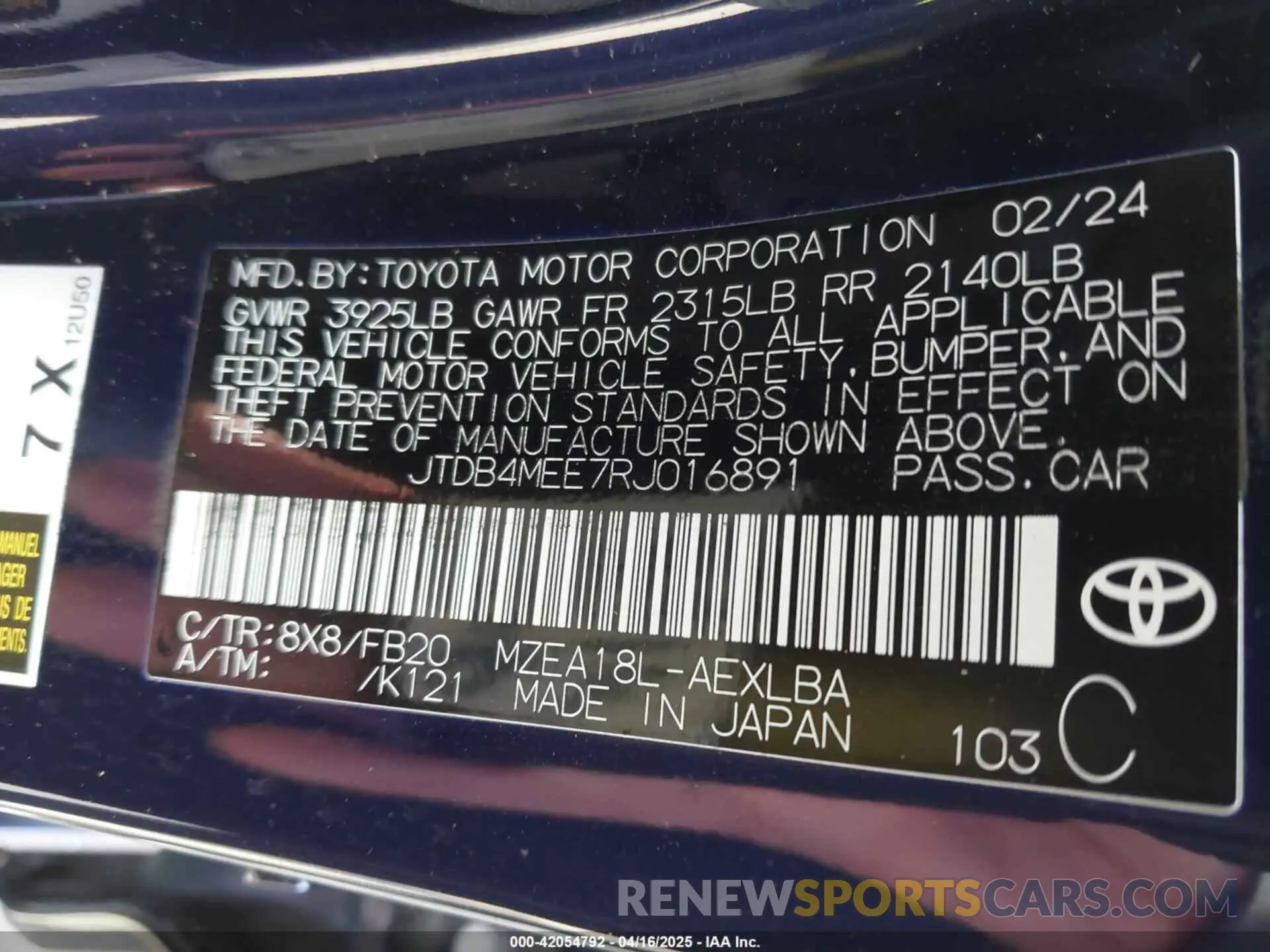 9 fotografías del automóvil dañado JTDB4MEE7RJ016891 TOYOTA COROLLA 2024