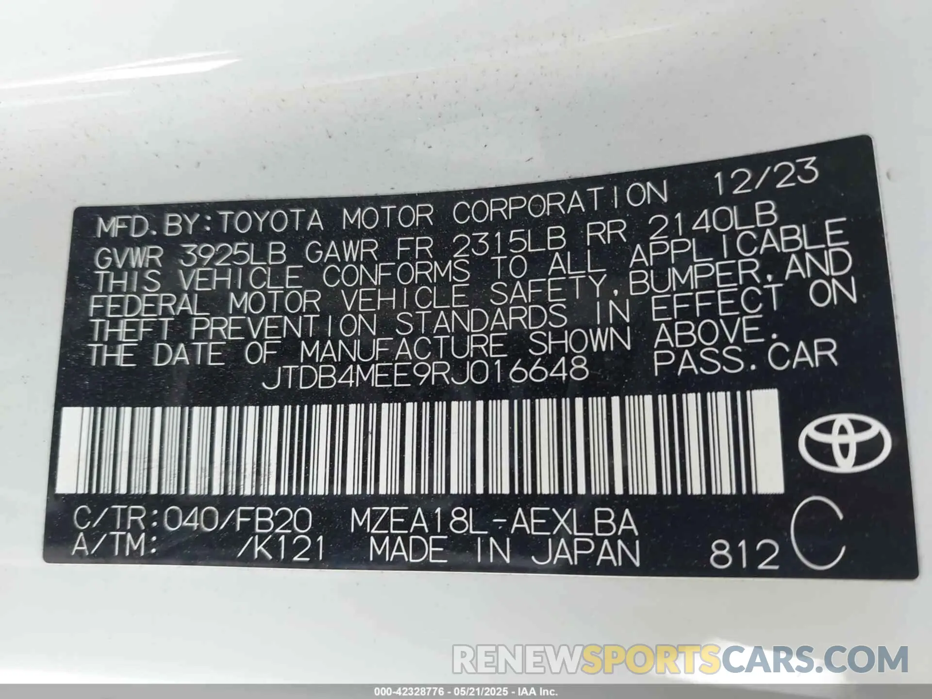 9 fotografías del automóvil dañado JTDB4MEE9RJ016648 TOYOTA COROLLA 2024