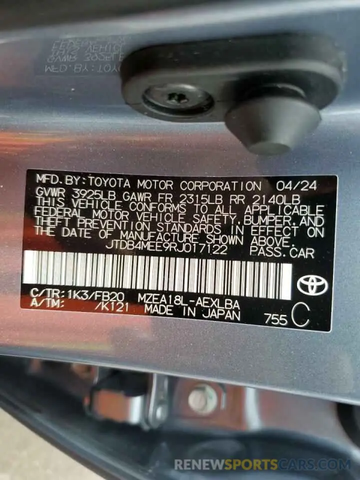 13 fotografías del automóvil dañado JTDB4MEE9RJ017122 TOYOTA COROLLA 2024