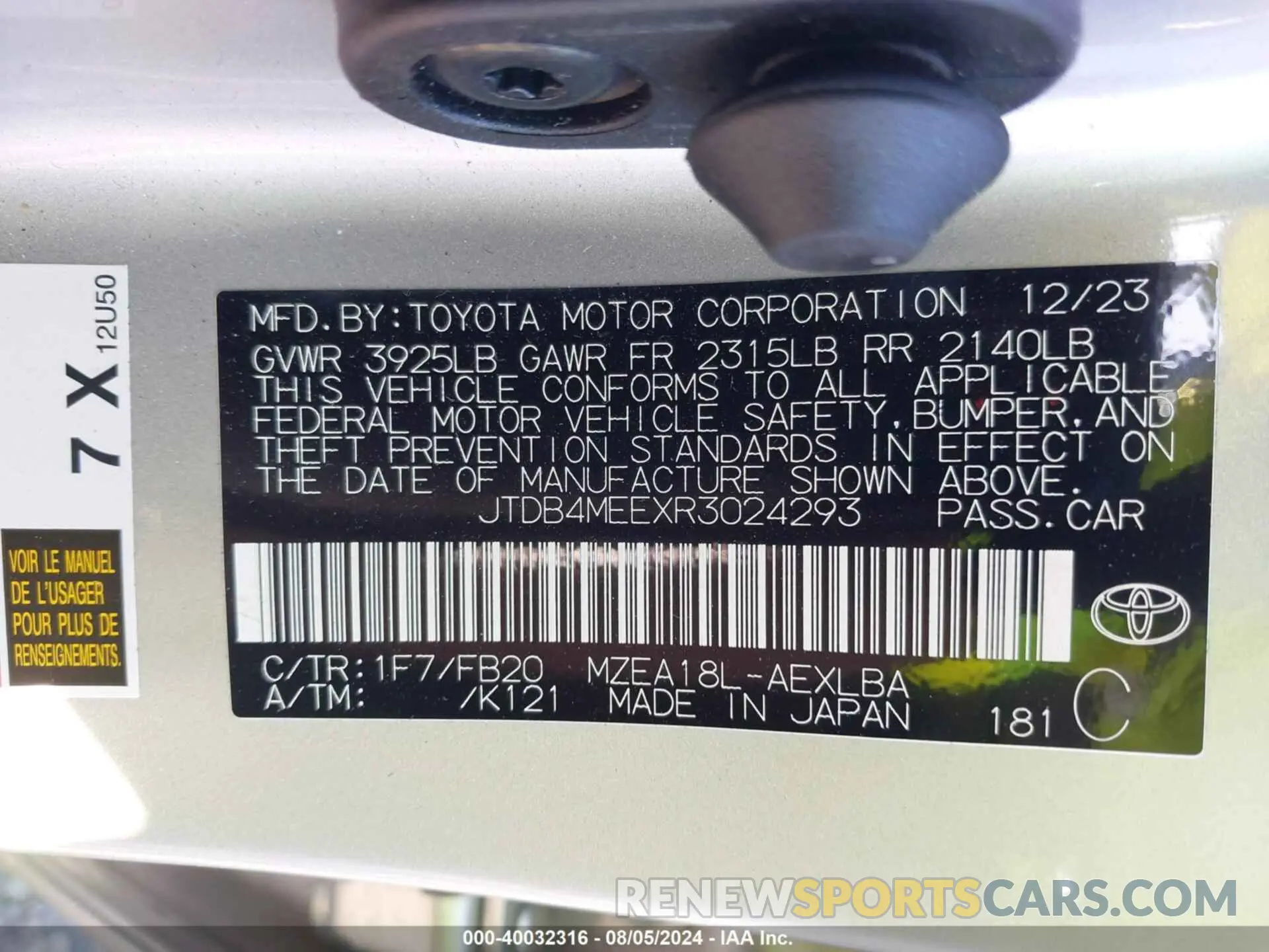 9 fotografías del automóvil dañado JTDB4MEEXR3024293 TOYOTA COROLLA 2024