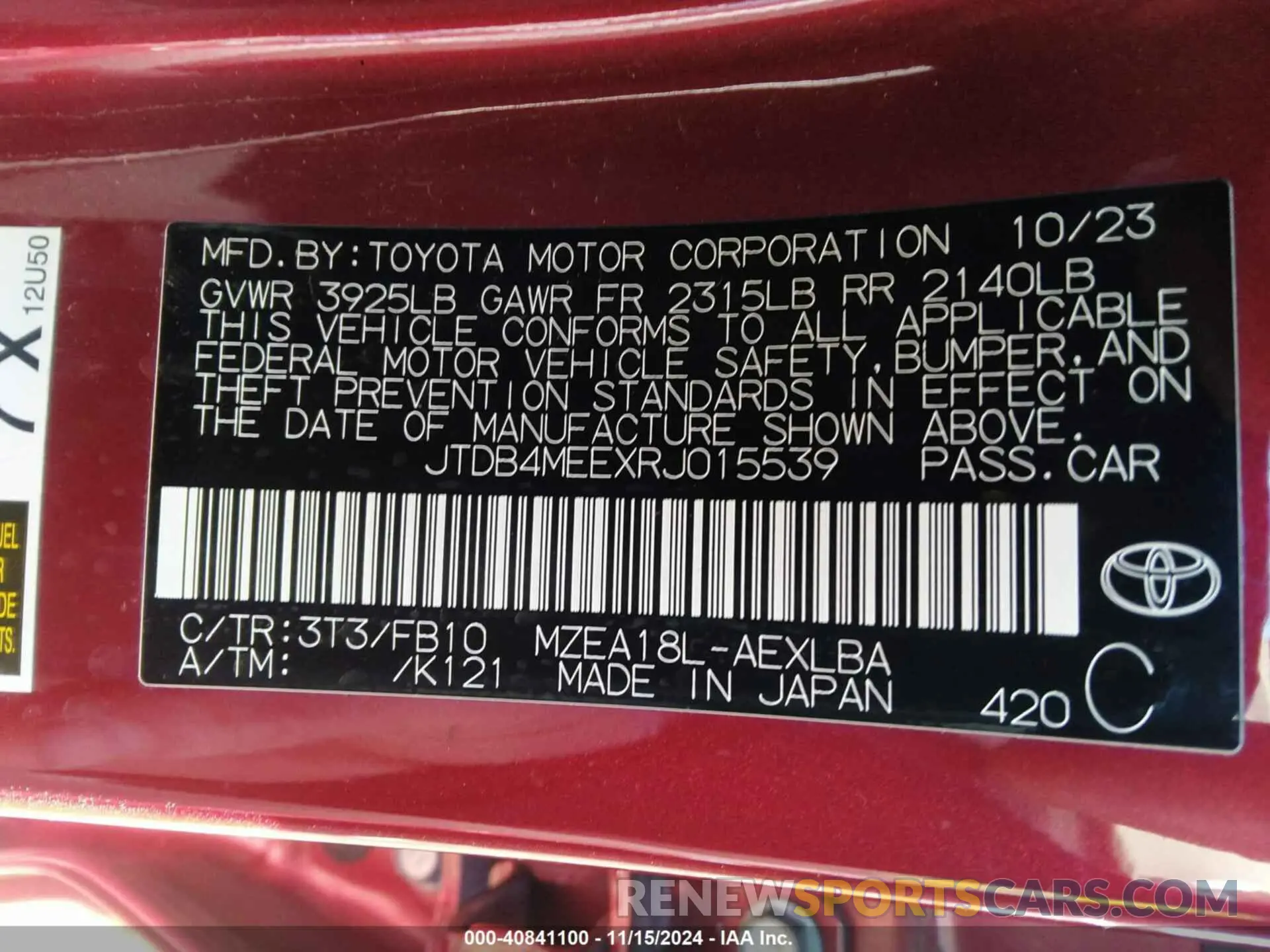 9 fotografías del automóvil dañado JTDB4MEEXRJ015539 TOYOTA COROLLA 2024