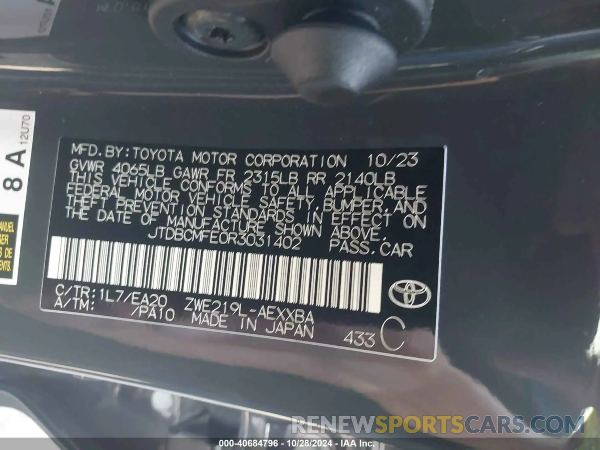 9 fotografías del automóvil dañado JTDBCMFE0R3031402 TOYOTA COROLLA 2024