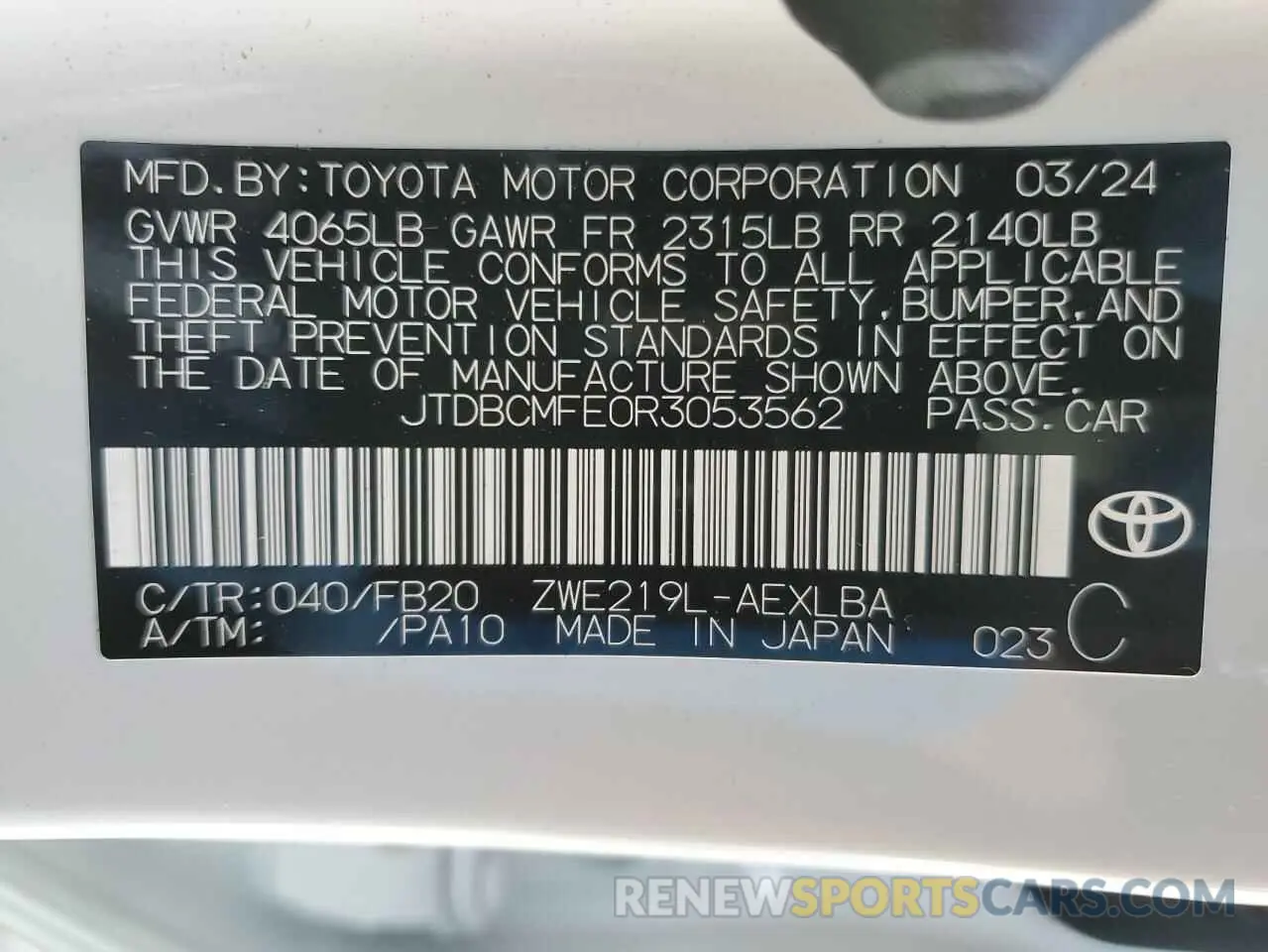 12 fotografías del automóvil dañado JTDBCMFE0R3053562 TOYOTA COROLLA 2024