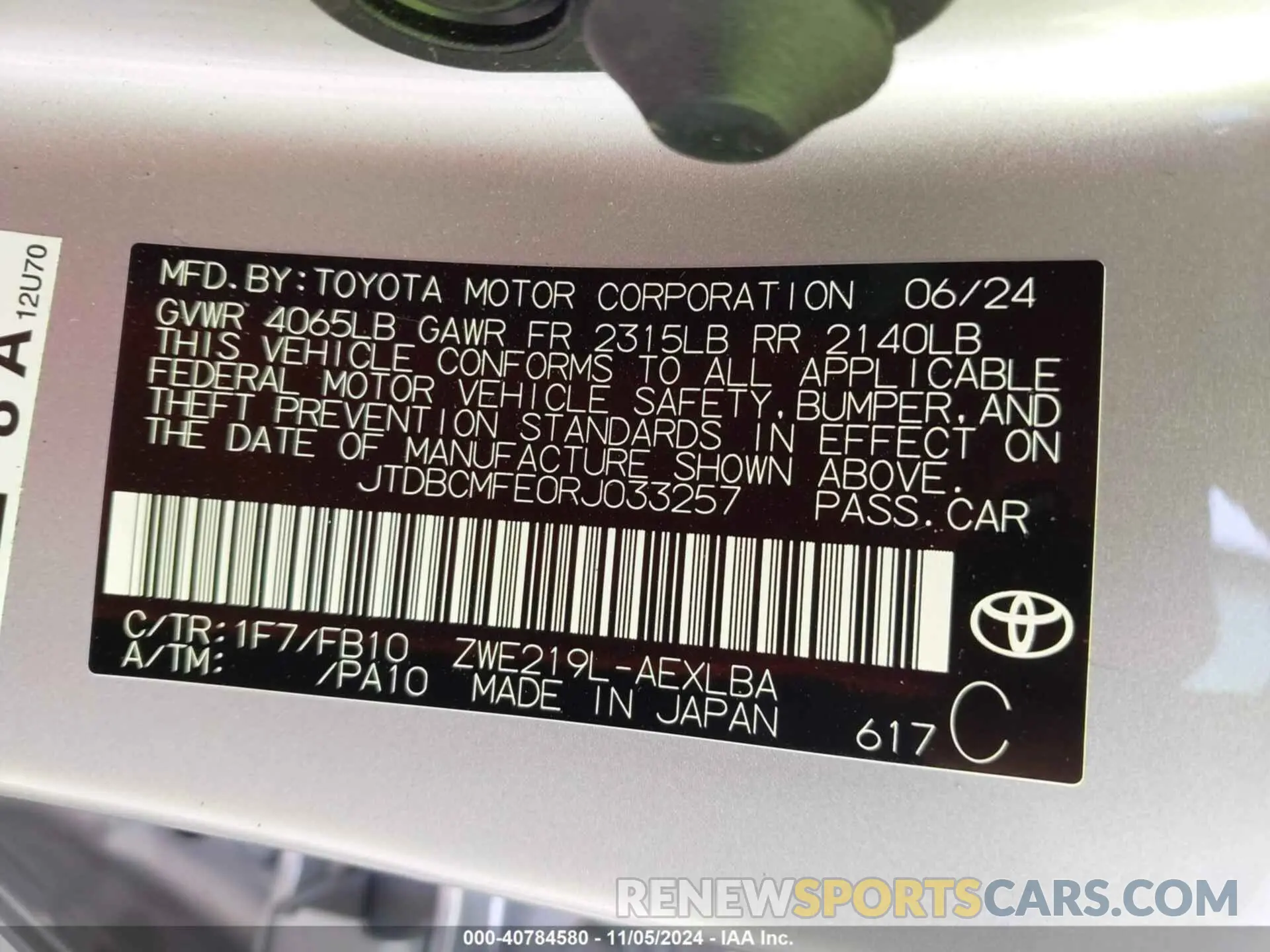 9 fotografías del automóvil dañado JTDBCMFE0RJ033257 TOYOTA COROLLA 2024