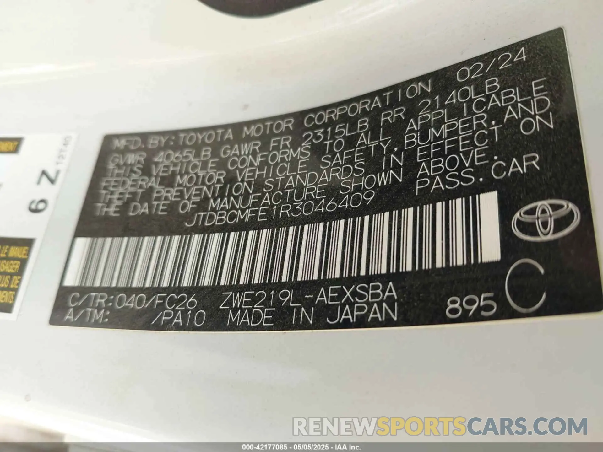9 fotografías del automóvil dañado JTDBCMFE1R3046409 TOYOTA COROLLA 2024