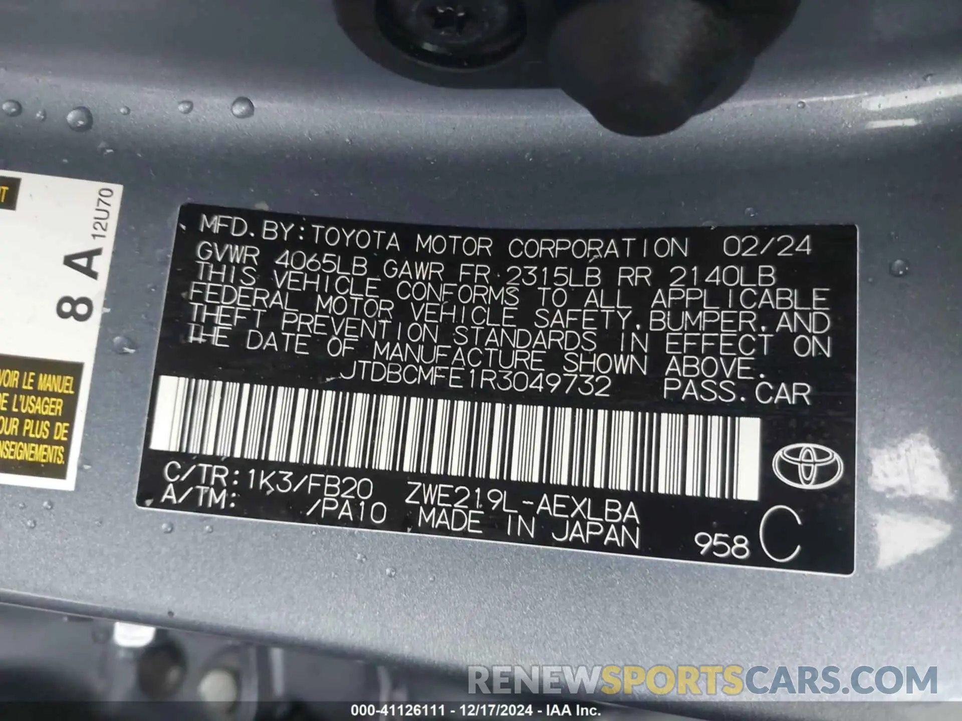 9 fotografías del automóvil dañado JTDBCMFE1R3049732 TOYOTA COROLLA 2024