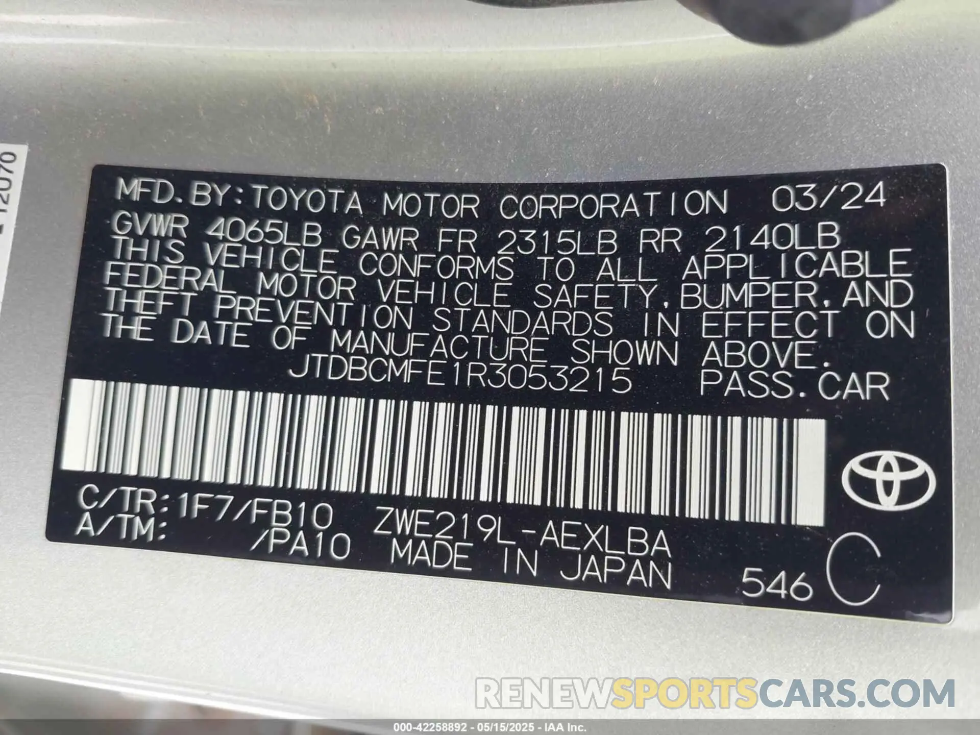 9 fotografías del automóvil dañado JTDBCMFE1R3053215 TOYOTA COROLLA 2024