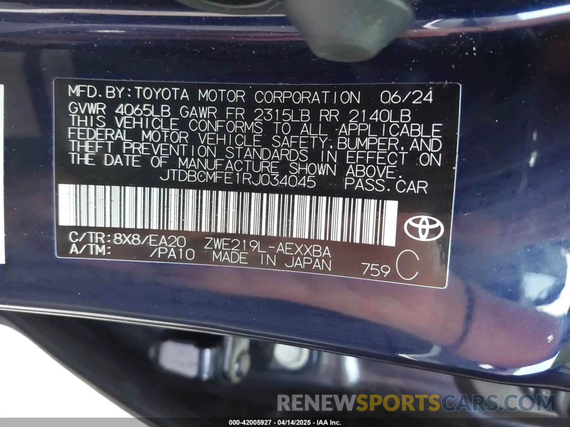 9 fotografías del automóvil dañado JTDBCMFE1RJ034045 TOYOTA COROLLA 2024