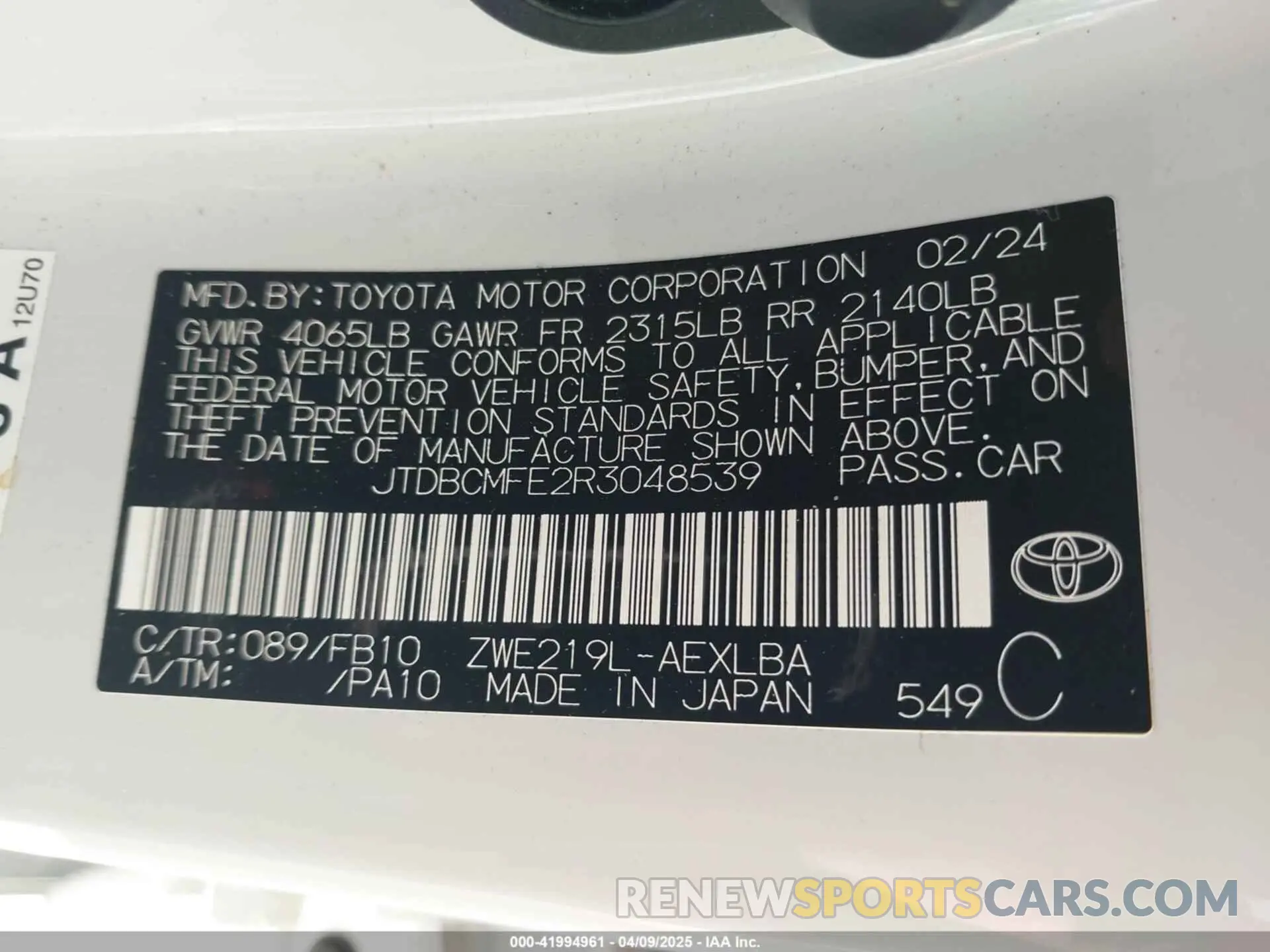9 fotografías del automóvil dañado JTDBCMFE2R3048539 TOYOTA COROLLA 2024
