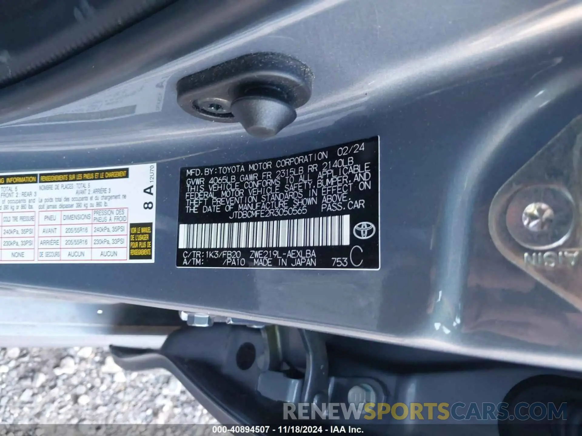 9 fotografías del automóvil dañado JTDBCMFE2R3050565 TOYOTA COROLLA 2024