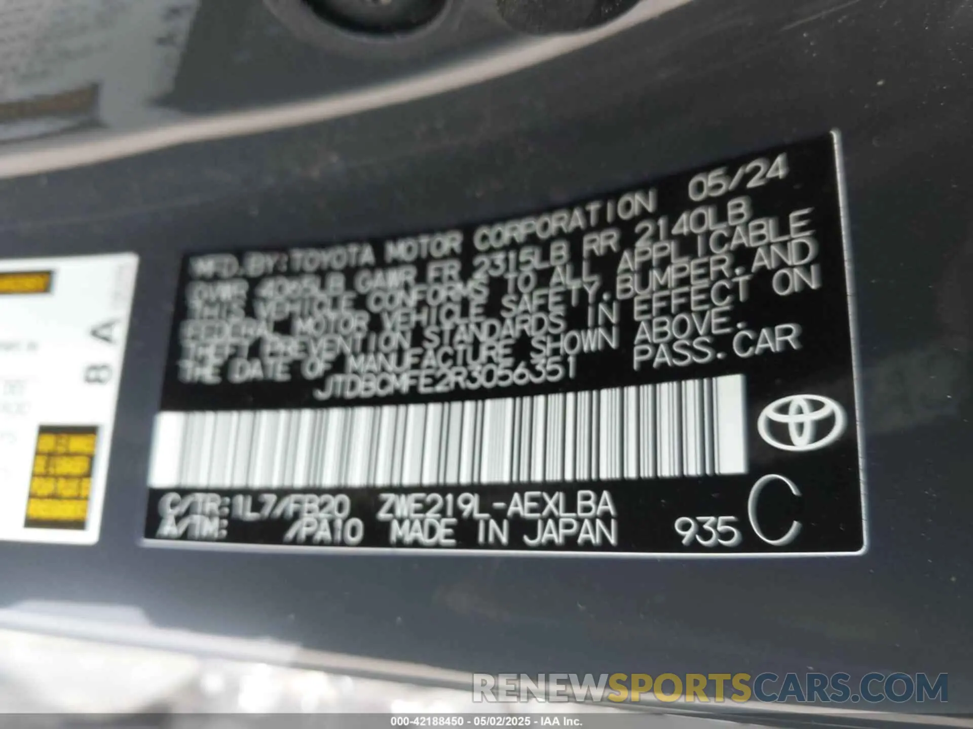 9 fotografías del automóvil dañado JTDBCMFE2R3056351 TOYOTA COROLLA 2024