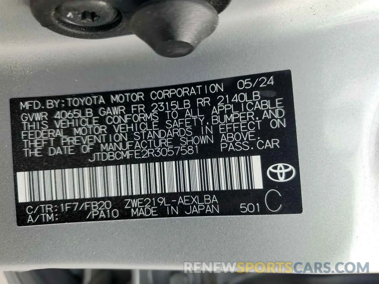 14 fotografías del automóvil dañado JTDBCMFE2R3057581 TOYOTA COROLLA 2024