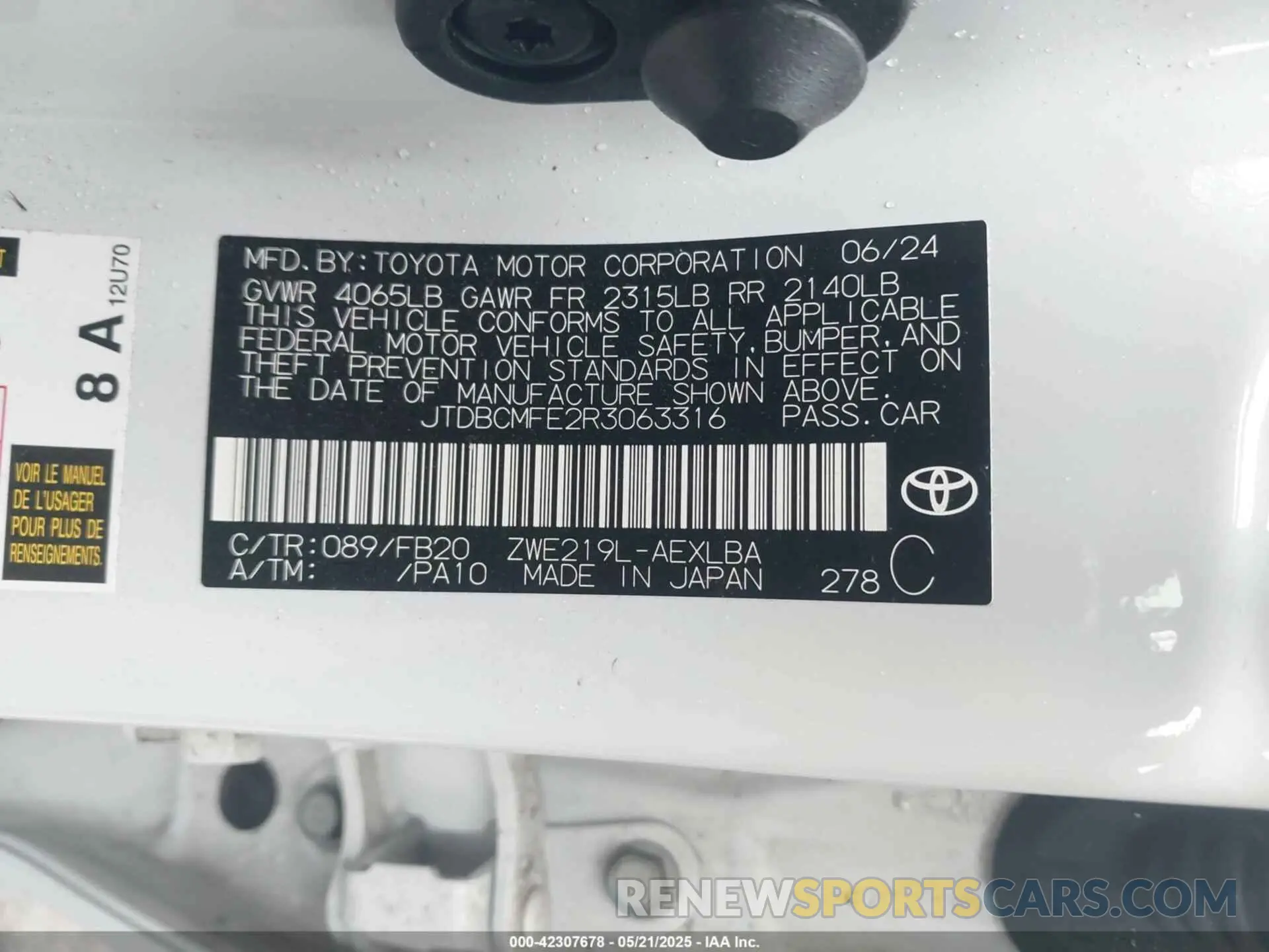 9 fotografías del automóvil dañado JTDBCMFE2R3063316 TOYOTA COROLLA 2024