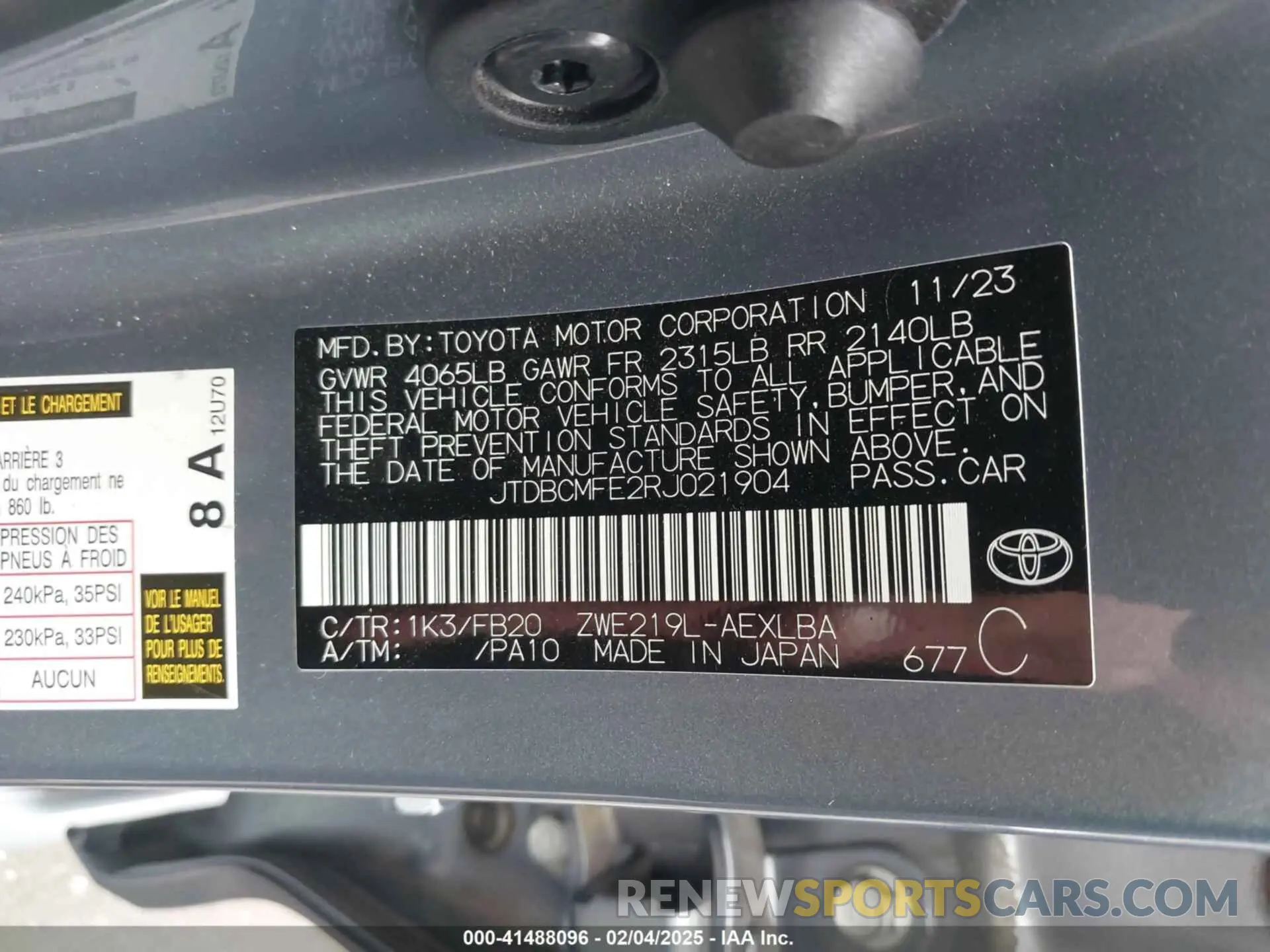 9 fotografías del automóvil dañado JTDBCMFE2RJ021904 TOYOTA COROLLA 2024