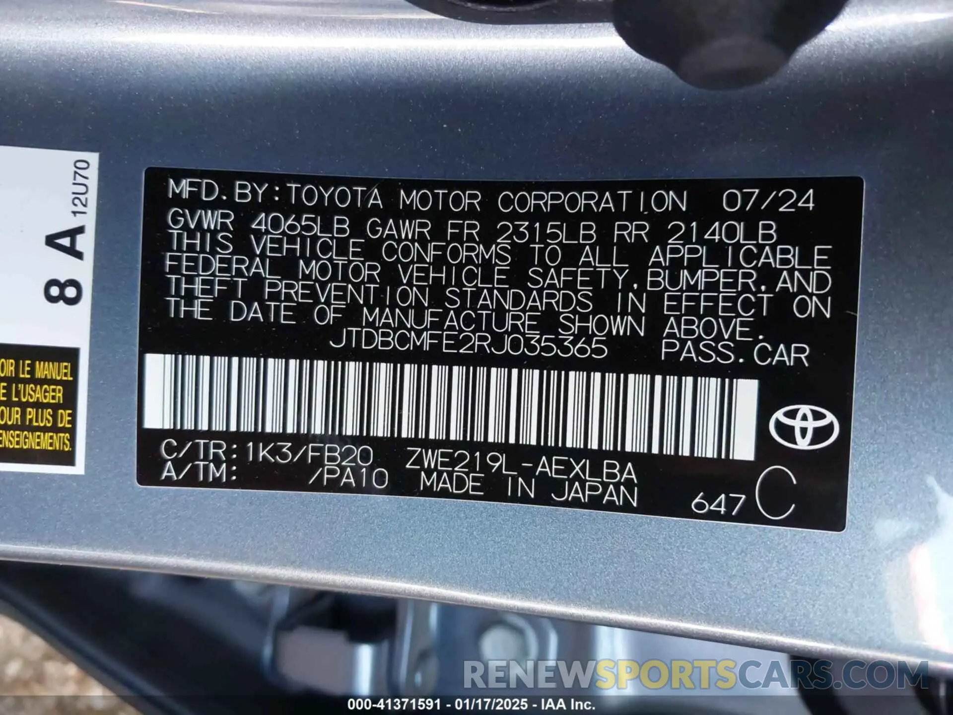 9 fotografías del automóvil dañado JTDBCMFE2RJ035365 TOYOTA COROLLA 2024