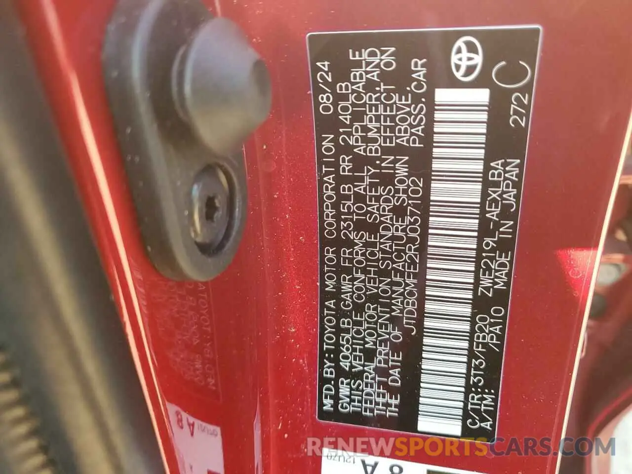 12 fotografías del automóvil dañado JTDBCMFE2RJ037102 TOYOTA COROLLA 2024