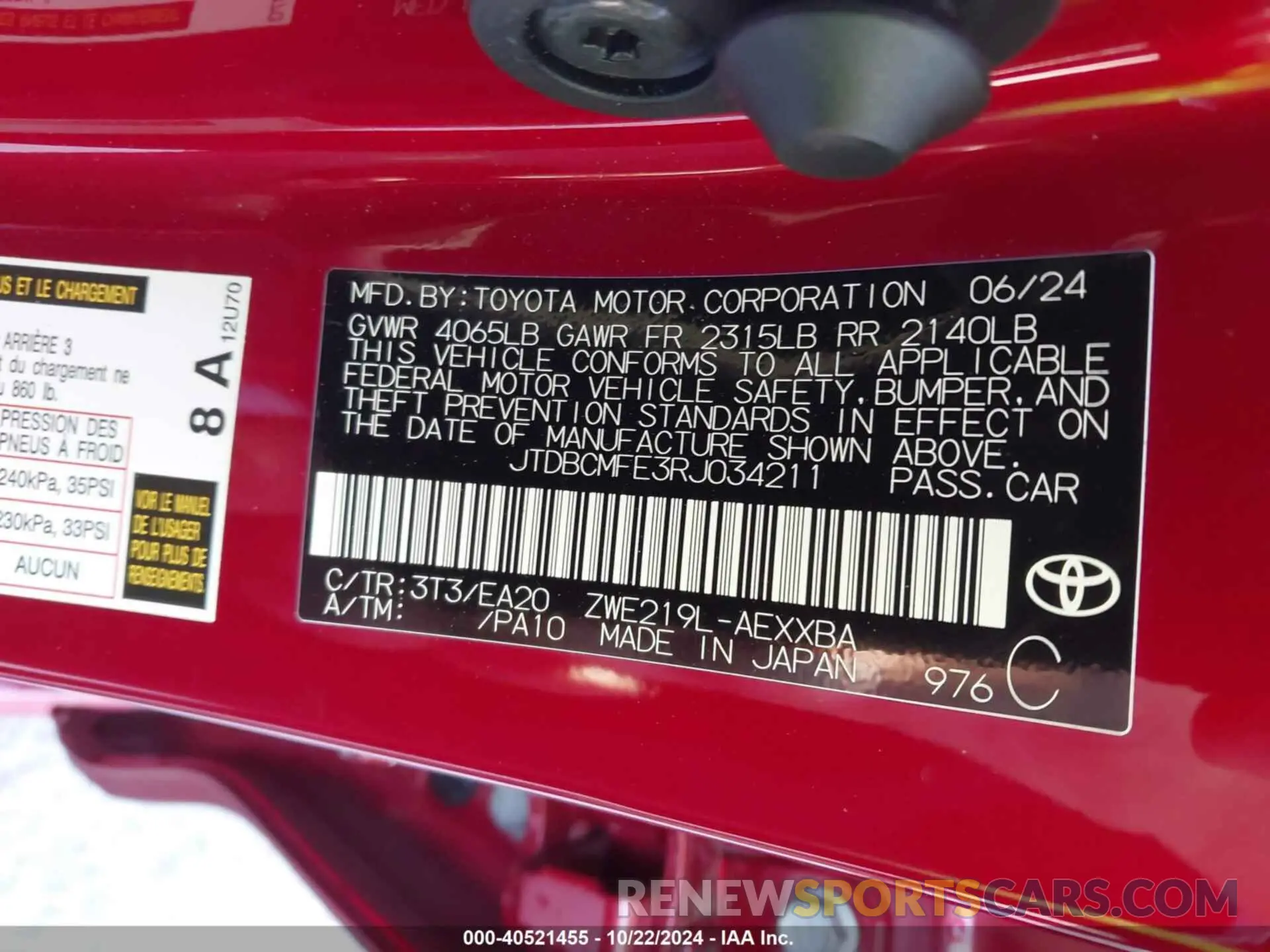 9 fotografías del automóvil dañado JTDBCMFE3RJ034211 TOYOTA COROLLA 2024