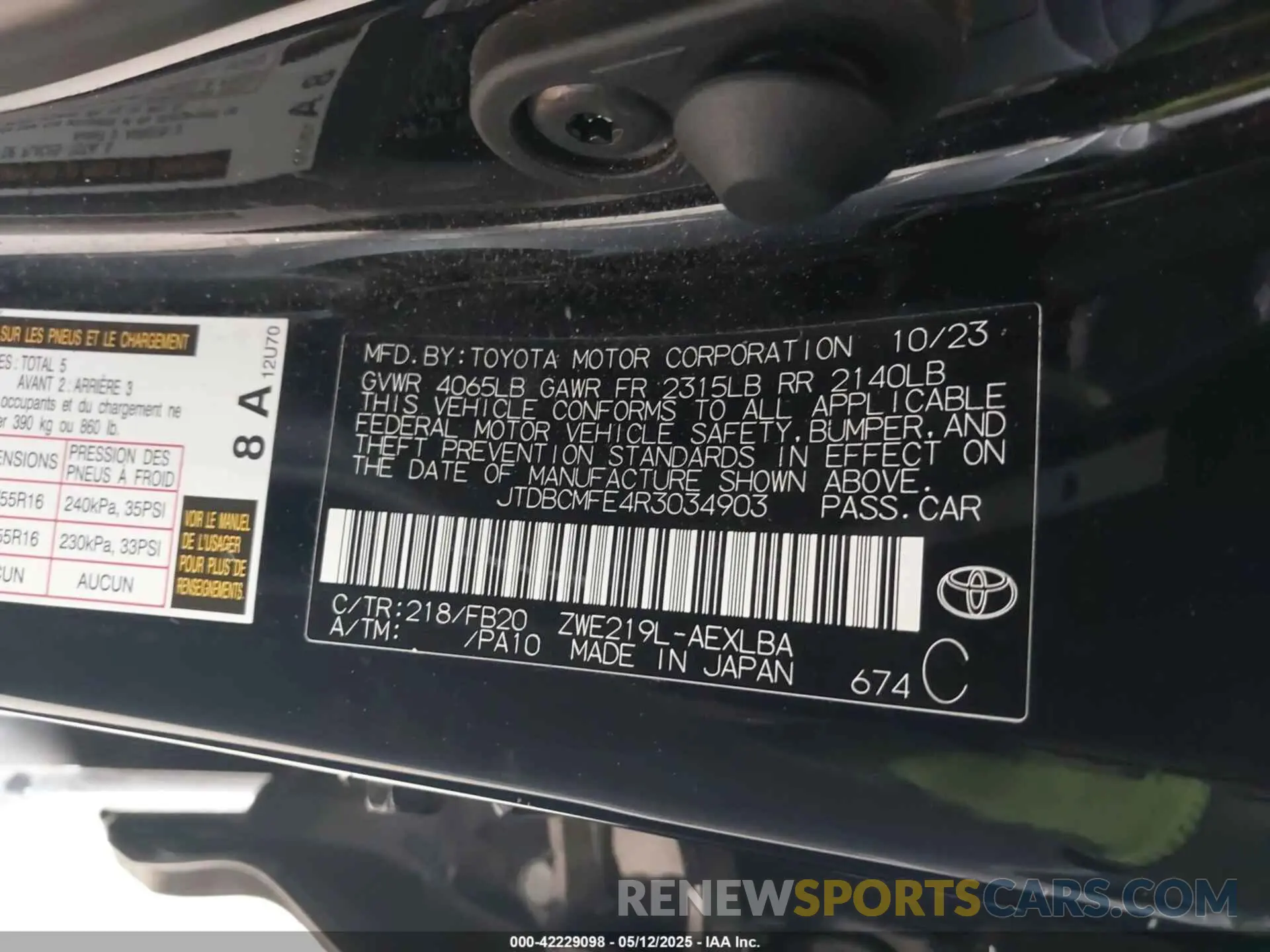 9 fotografías del automóvil dañado JTDBCMFE4R3034903 TOYOTA COROLLA 2024
