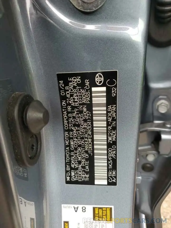 12 fotografías del automóvil dañado JTDBCMFE4R3041737 TOYOTA COROLLA 2024