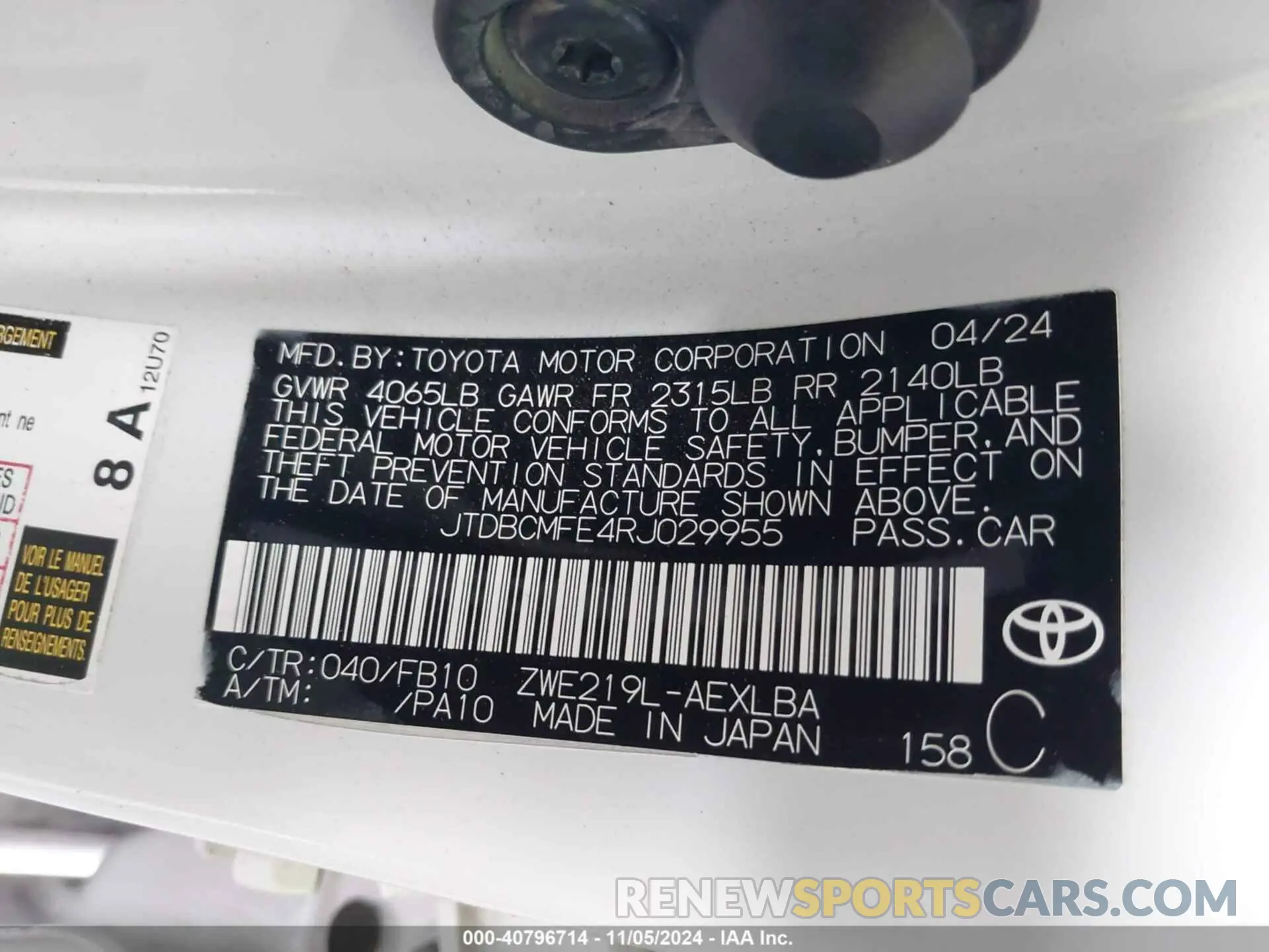 9 fotografías del automóvil dañado JTDBCMFE4RJ029955 TOYOTA COROLLA 2024