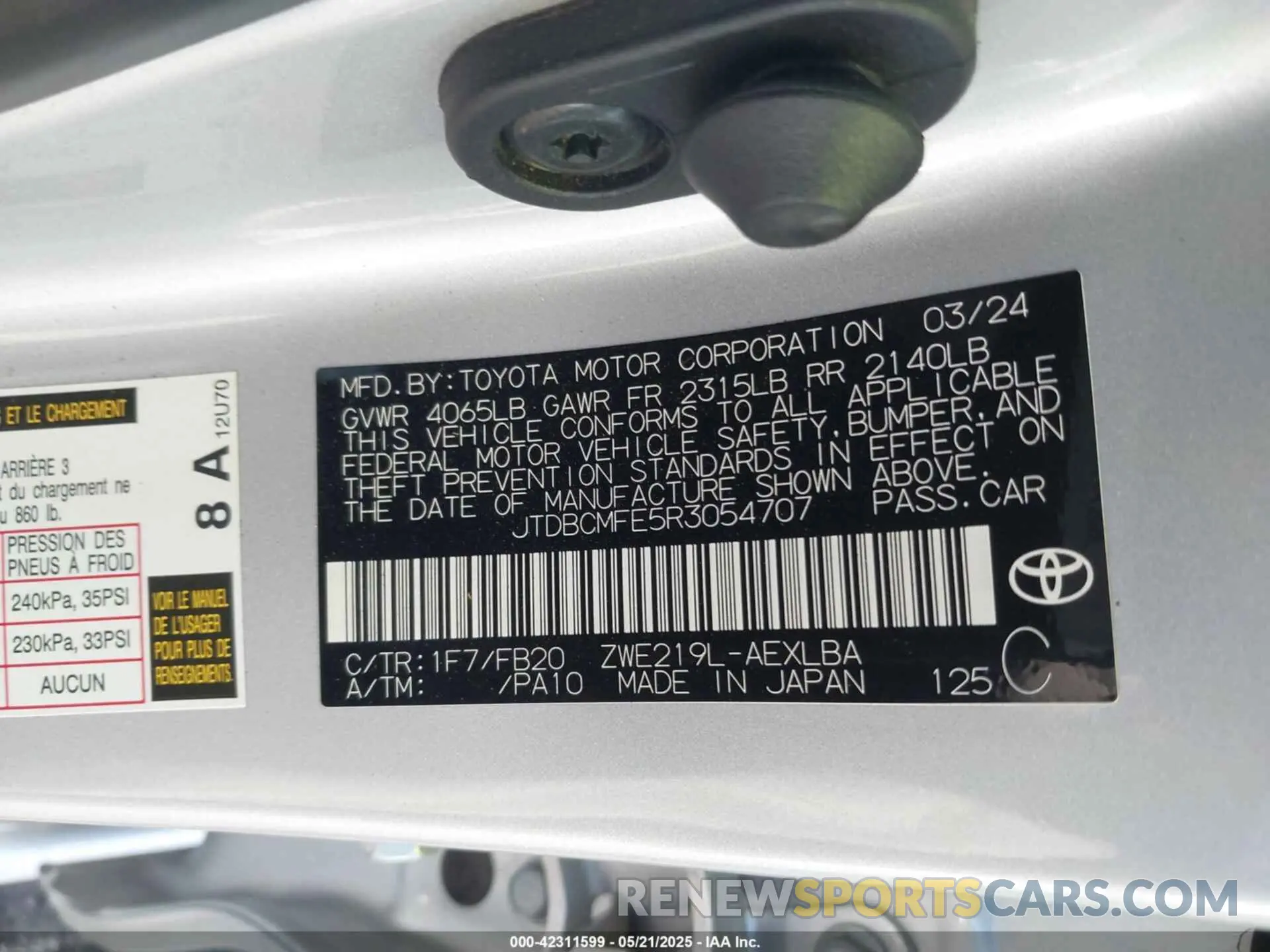9 fotografías del automóvil dañado JTDBCMFE5R3054707 TOYOTA COROLLA 2024