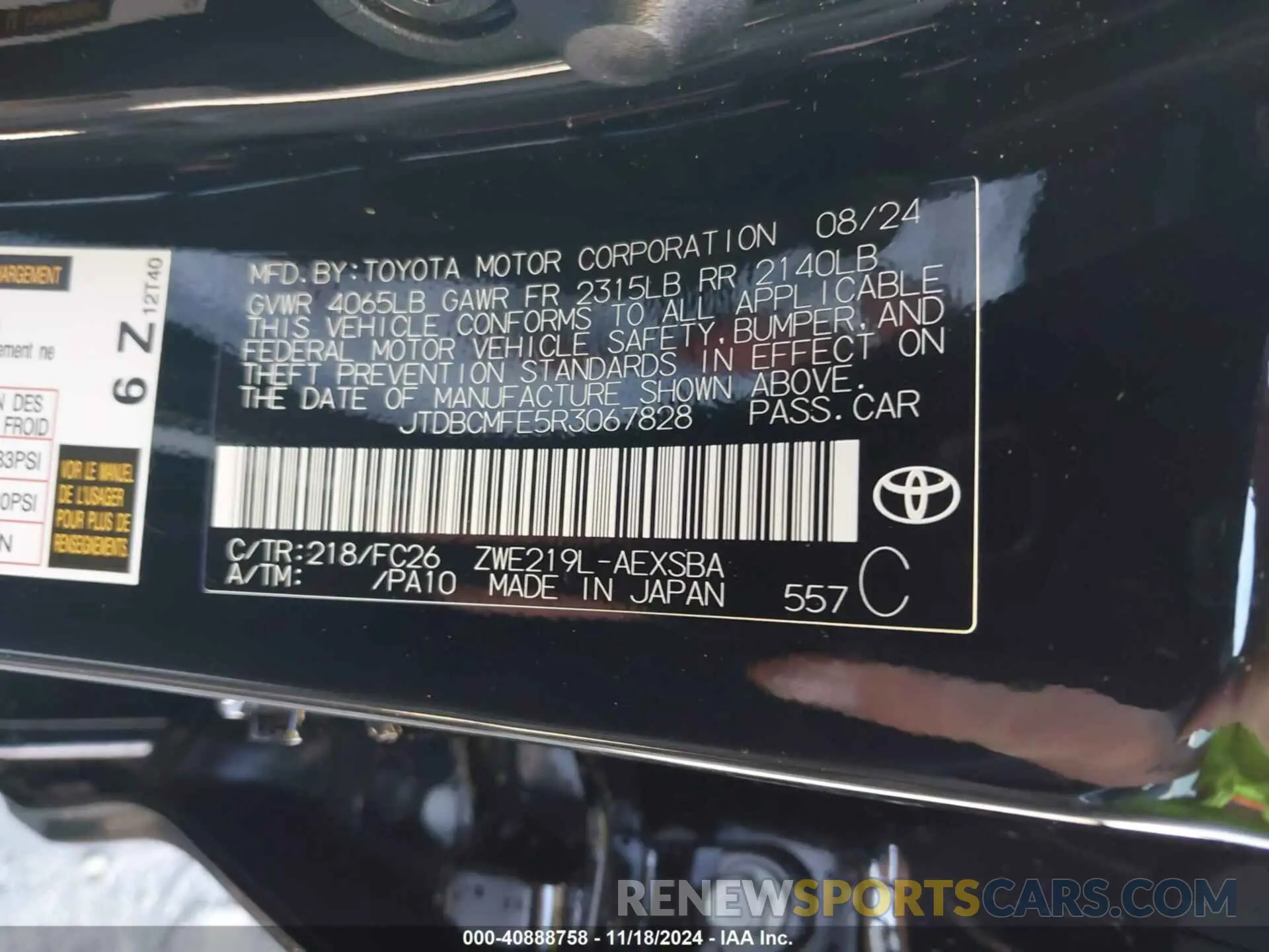 9 fotografías del automóvil dañado JTDBCMFE5R3067828 TOYOTA COROLLA 2024