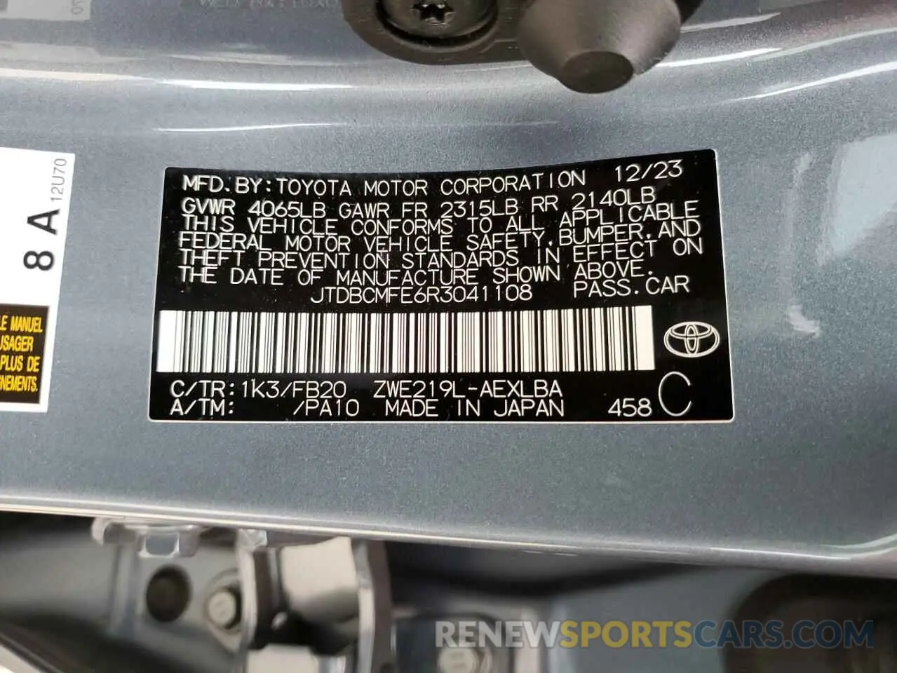12 fotografías del automóvil dañado JTDBCMFE6R3041108 TOYOTA COROLLA 2024
