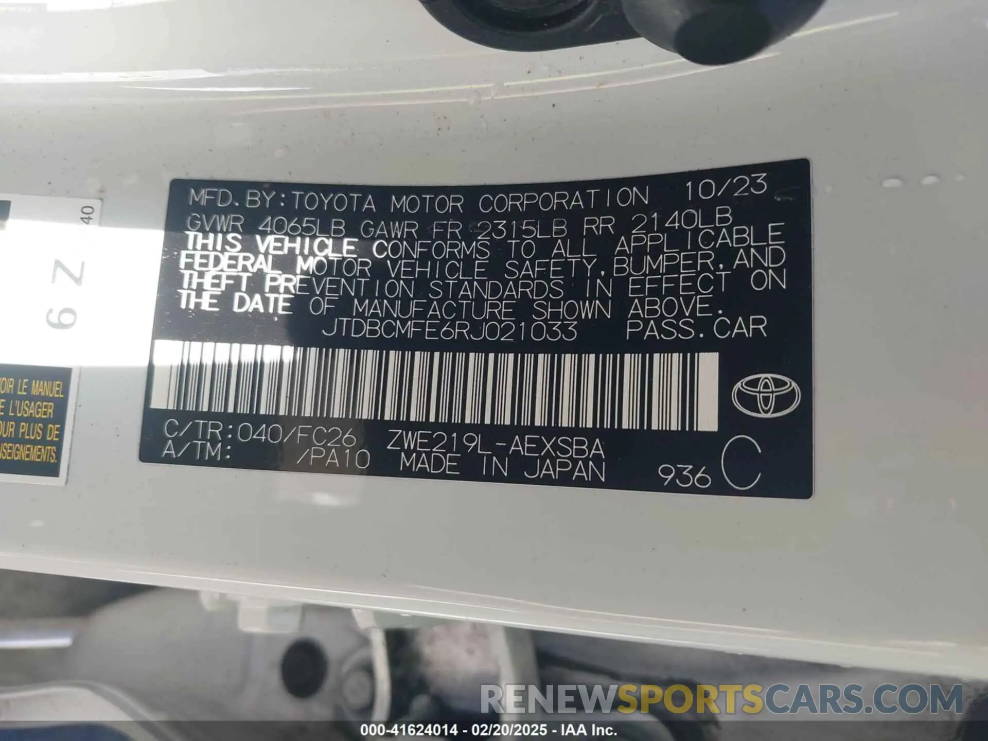 9 fotografías del automóvil dañado JTDBCMFE6RJ021033 TOYOTA COROLLA 2024