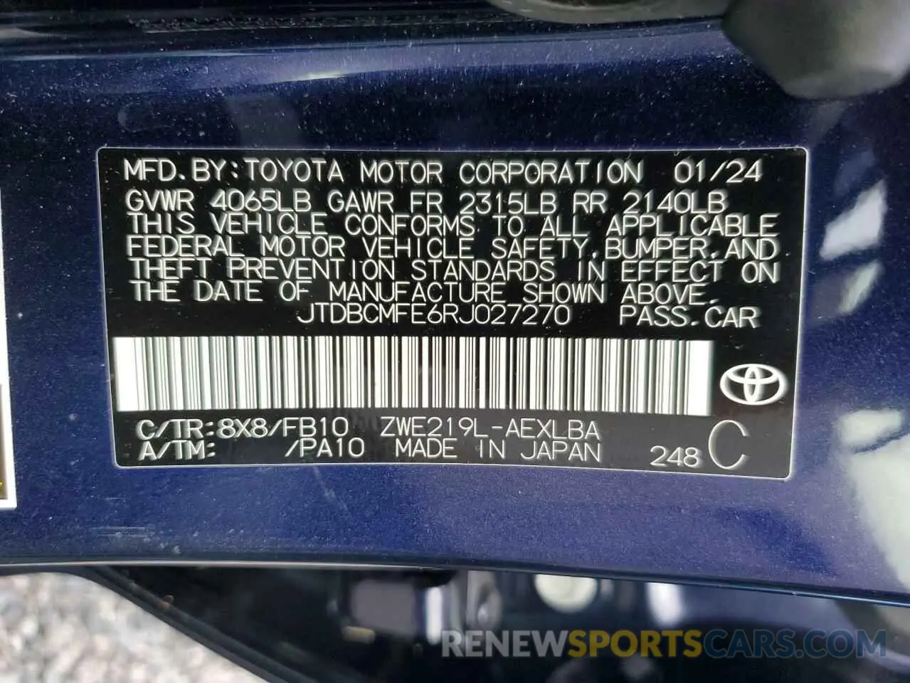 13 fotografías del automóvil dañado JTDBCMFE6RJ027270 TOYOTA COROLLA 2024