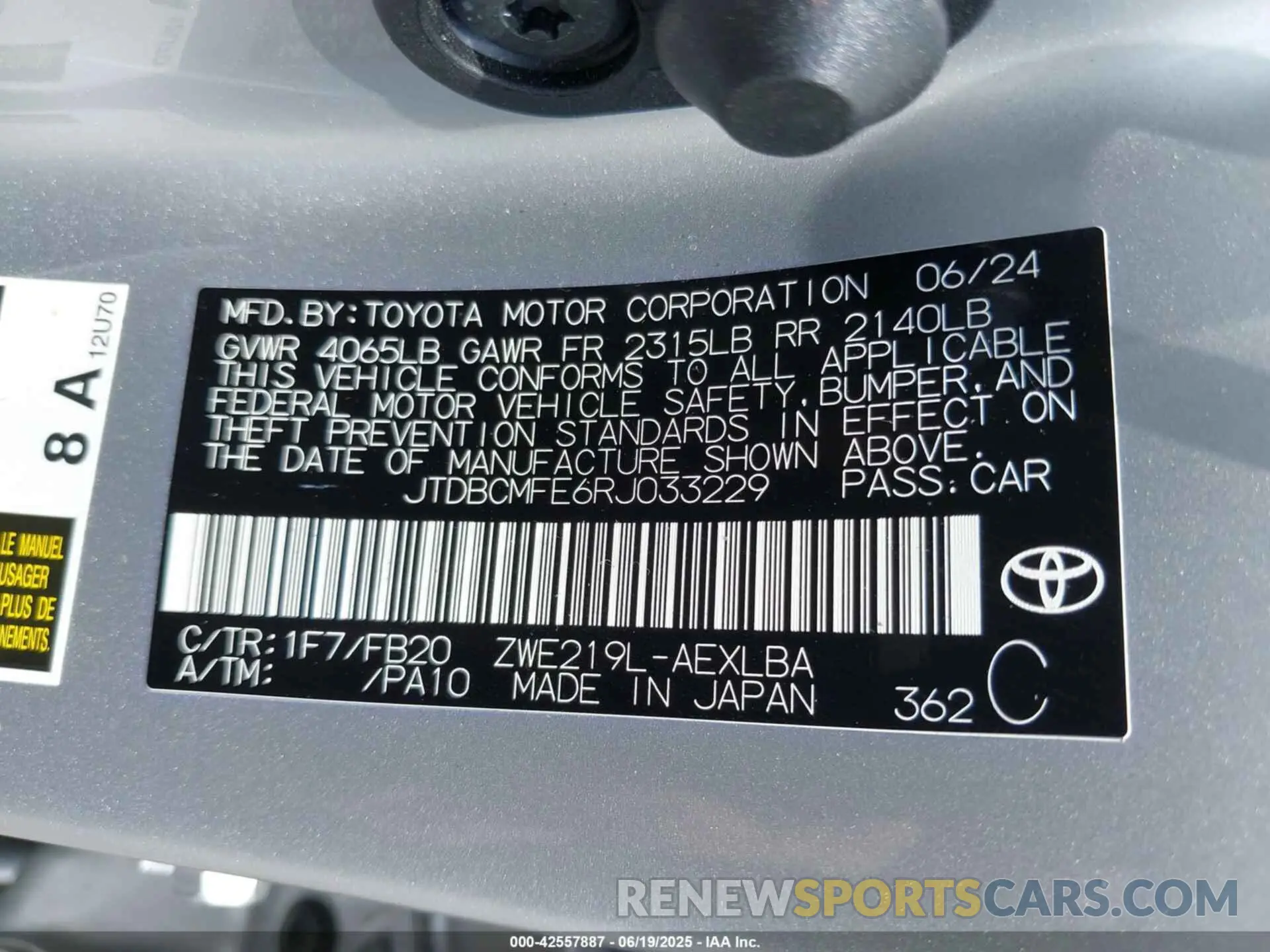 9 fotografías del automóvil dañado JTDBCMFE6RJ033229 TOYOTA COROLLA 2024