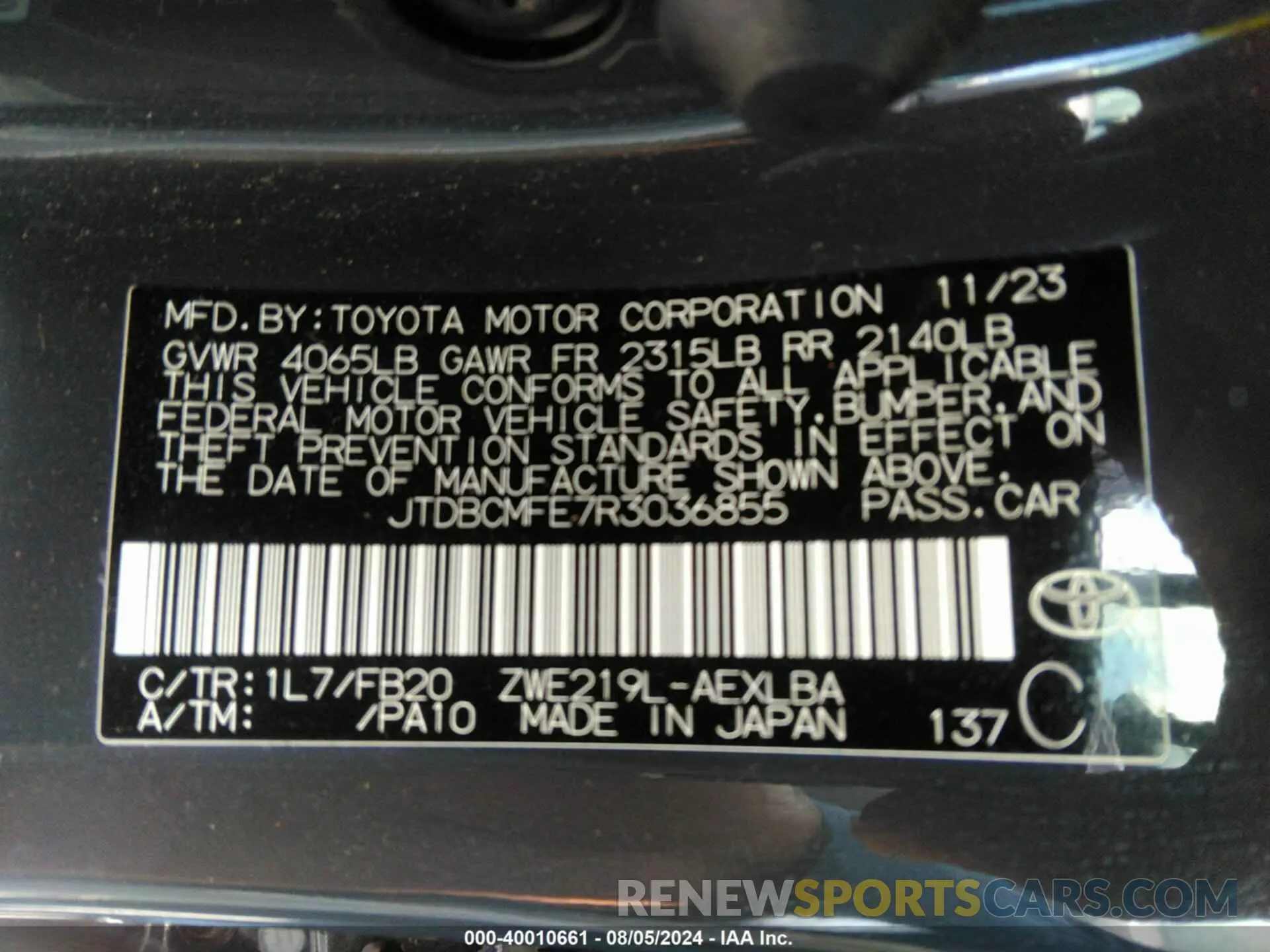 9 fotografías del automóvil dañado JTDBCMFE7R3036855 TOYOTA COROLLA 2024
