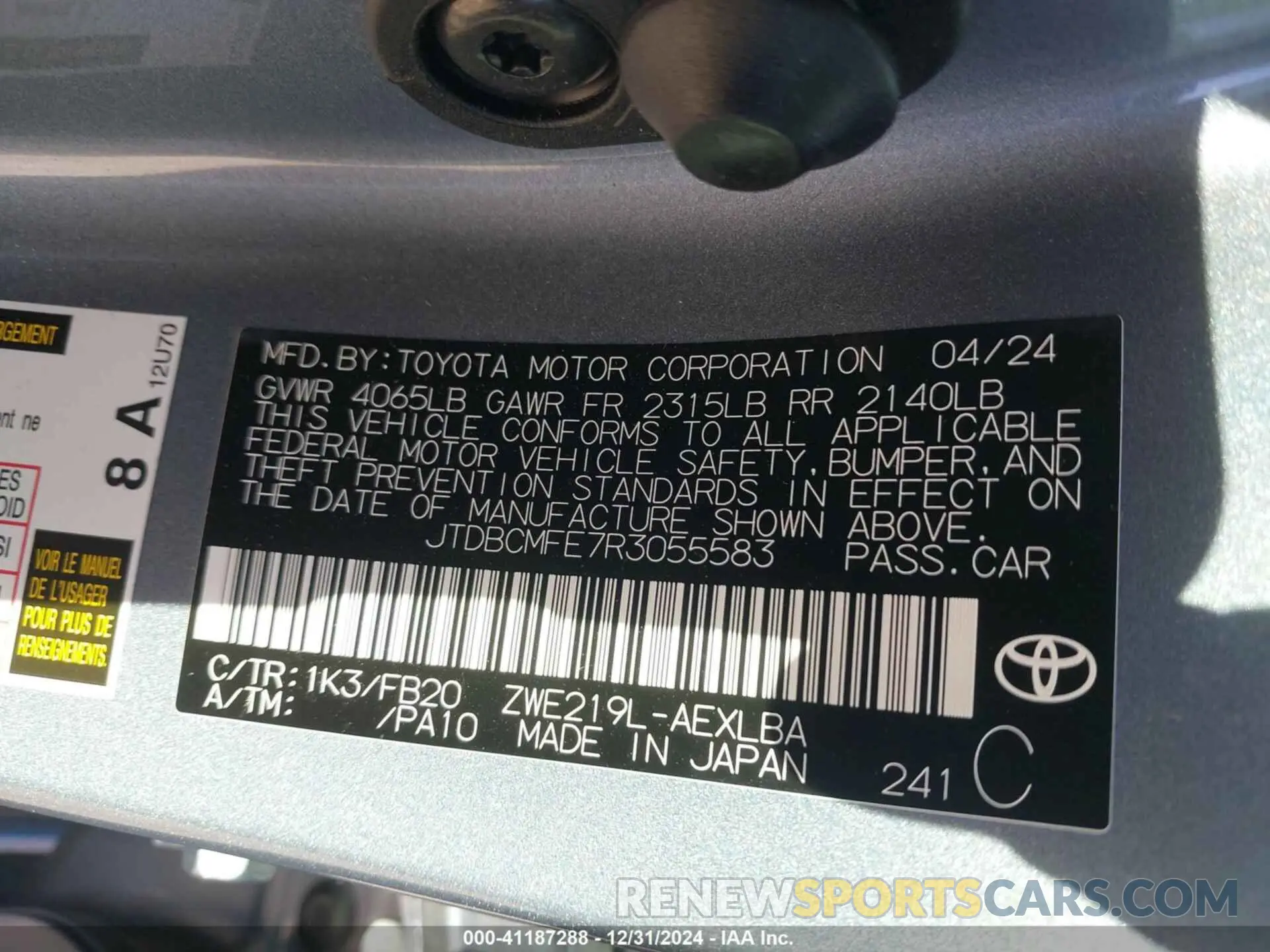 9 fotografías del automóvil dañado JTDBCMFE7R3055583 TOYOTA COROLLA 2024
