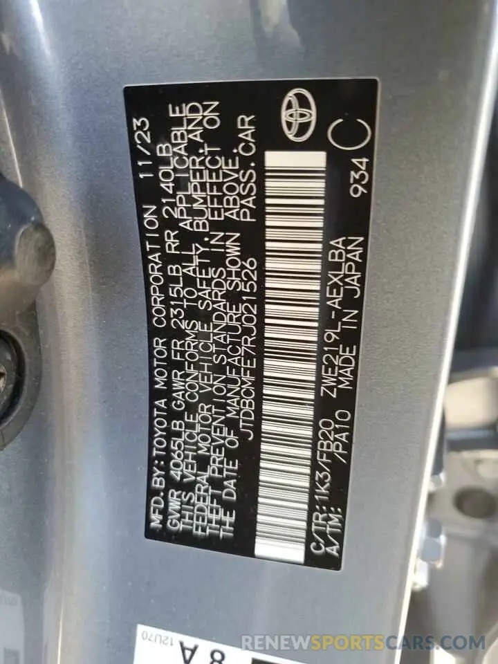 15 fotografías del automóvil dañado JTDBCMFE7RJ021526 TOYOTA COROLLA 2024