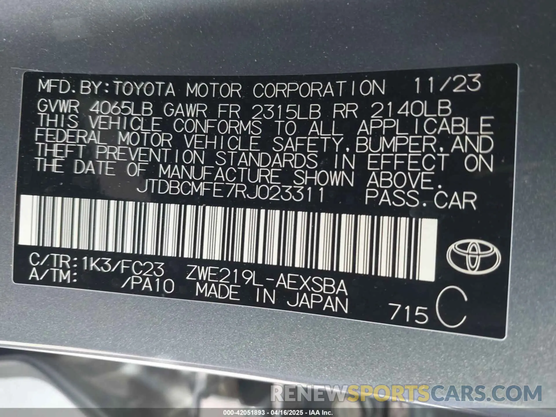 9 fotografías del automóvil dañado JTDBCMFE7RJ023311 TOYOTA COROLLA 2024