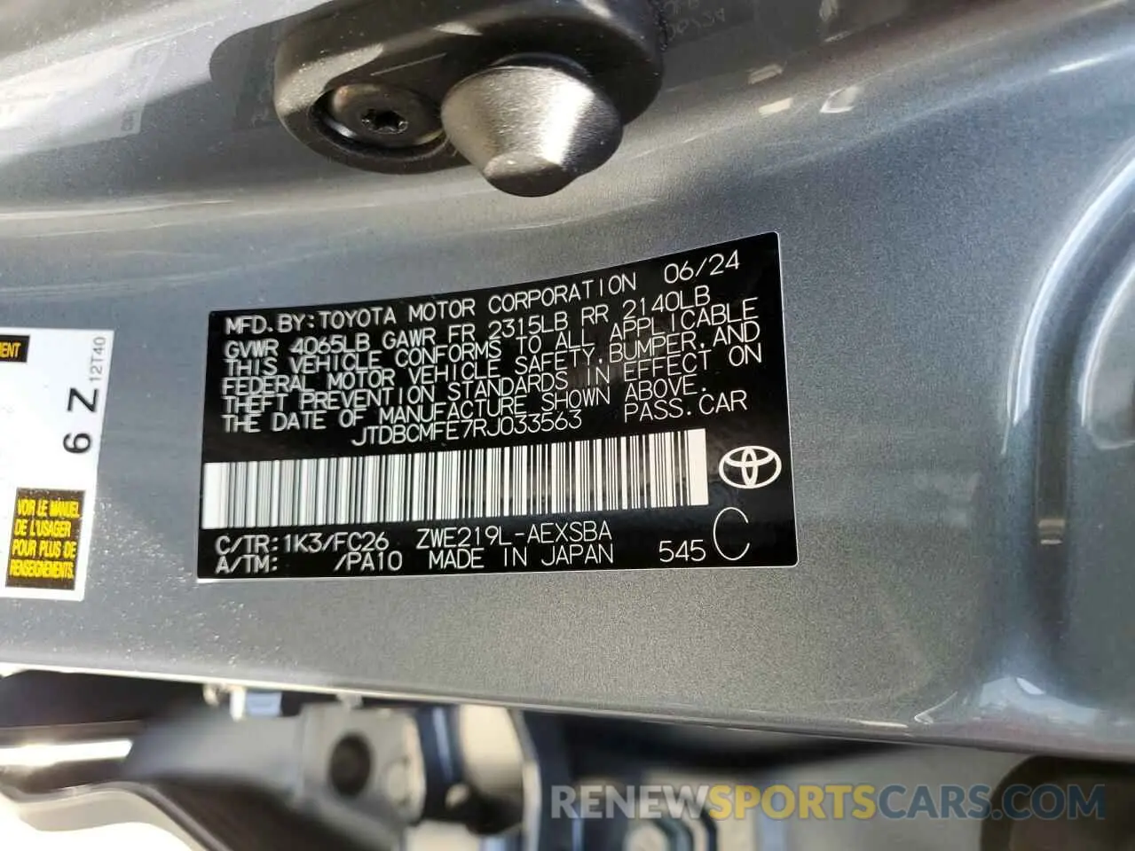 12 fotografías del automóvil dañado JTDBCMFE7RJ033563 TOYOTA COROLLA 2024