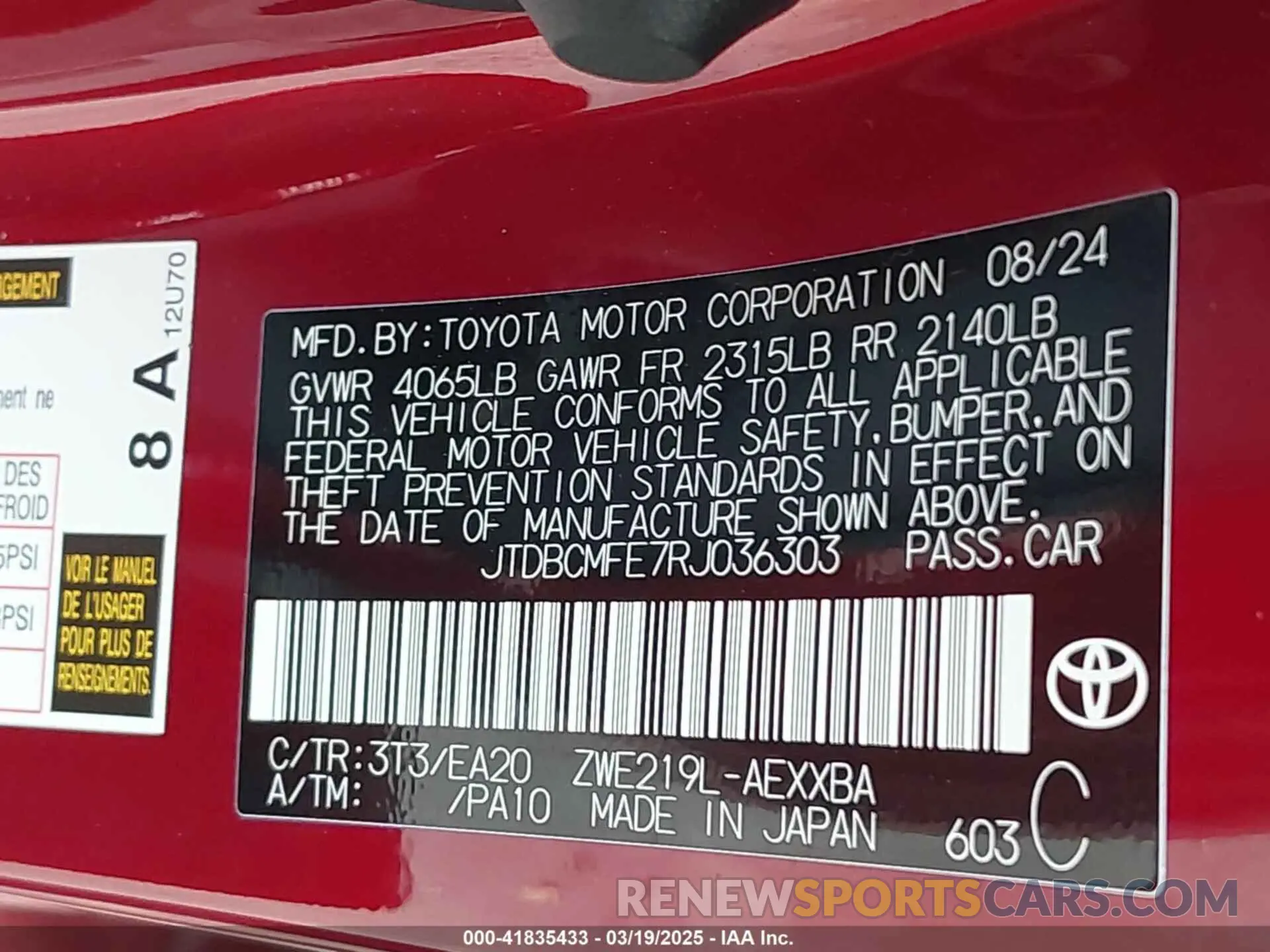 9 fotografías del automóvil dañado JTDBCMFE7RJ036303 TOYOTA COROLLA 2024