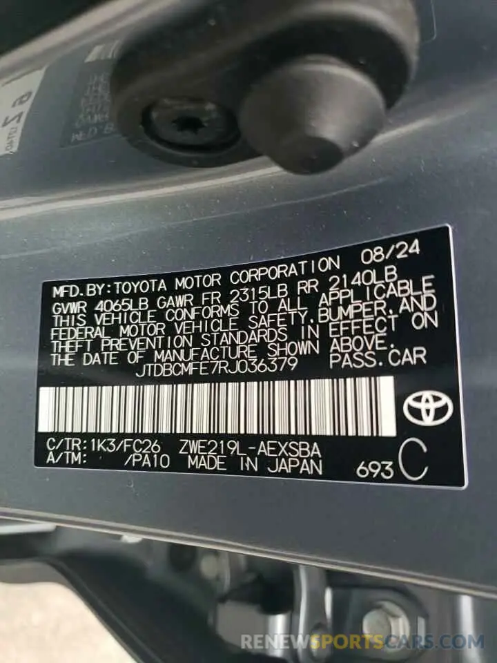 12 fotografías del automóvil dañado JTDBCMFE7RJ036379 TOYOTA COROLLA 2024