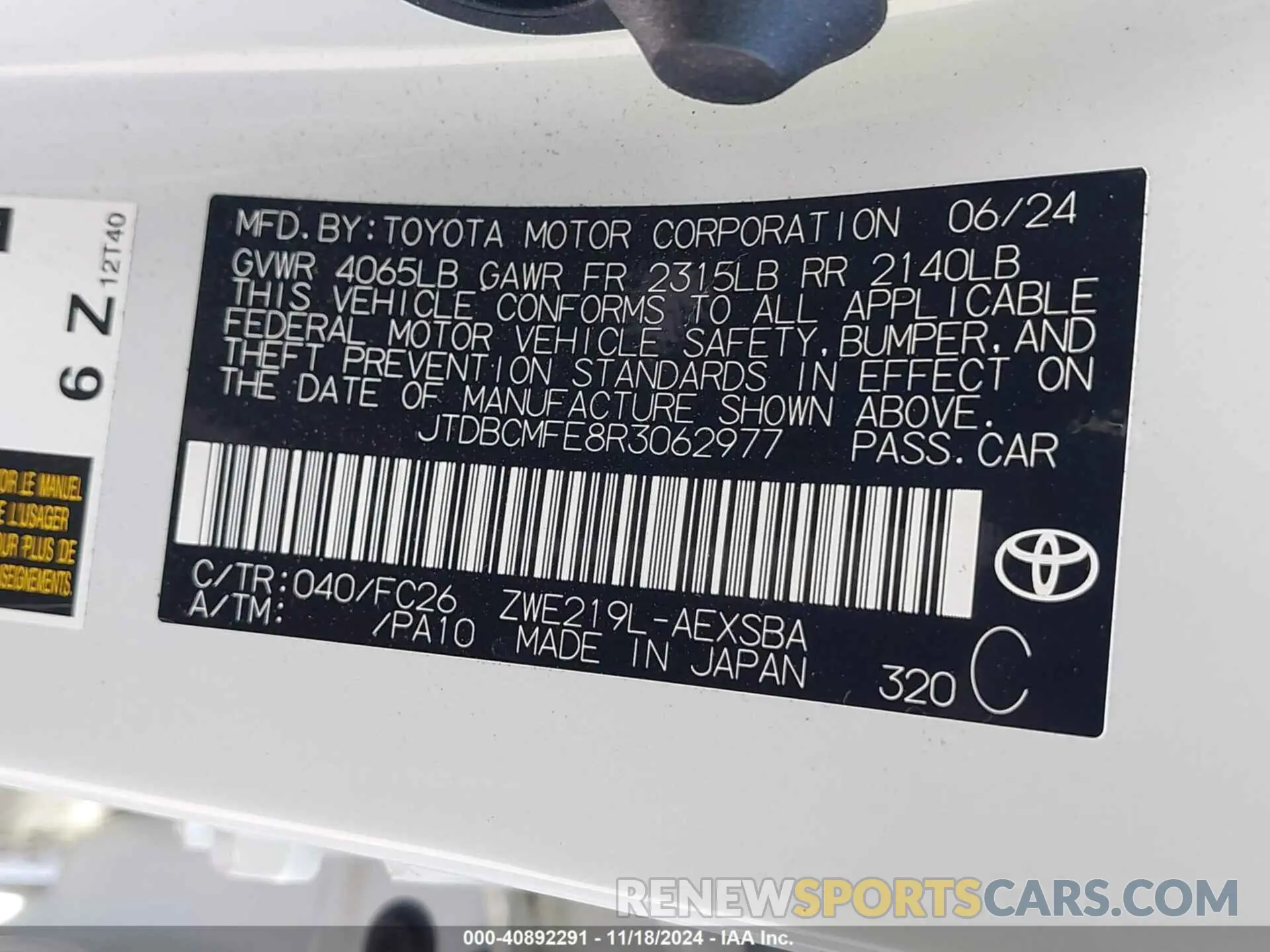 9 fotografías del automóvil dañado JTDBCMFE8R3062977 TOYOTA COROLLA 2024