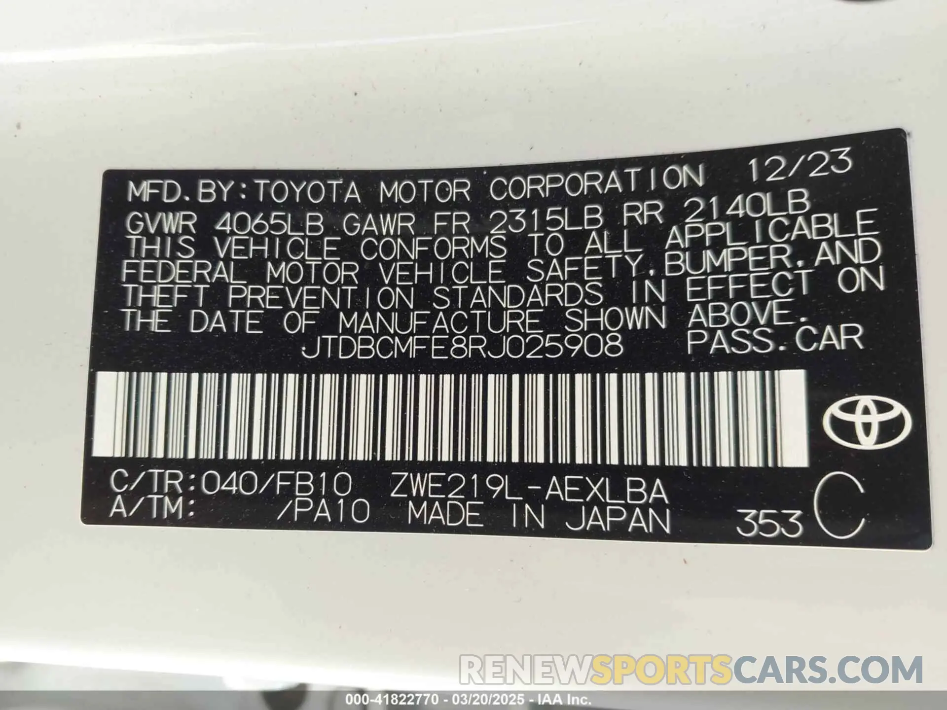 9 fotografías del automóvil dañado JTDBCMFE8RJ025908 TOYOTA COROLLA 2024
