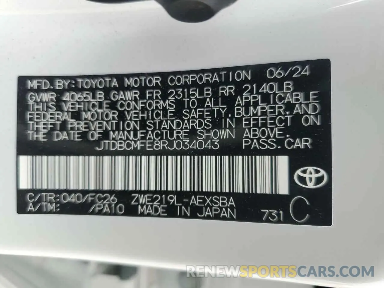 12 fotografías del automóvil dañado JTDBCMFE8RJ034043 TOYOTA COROLLA 2024