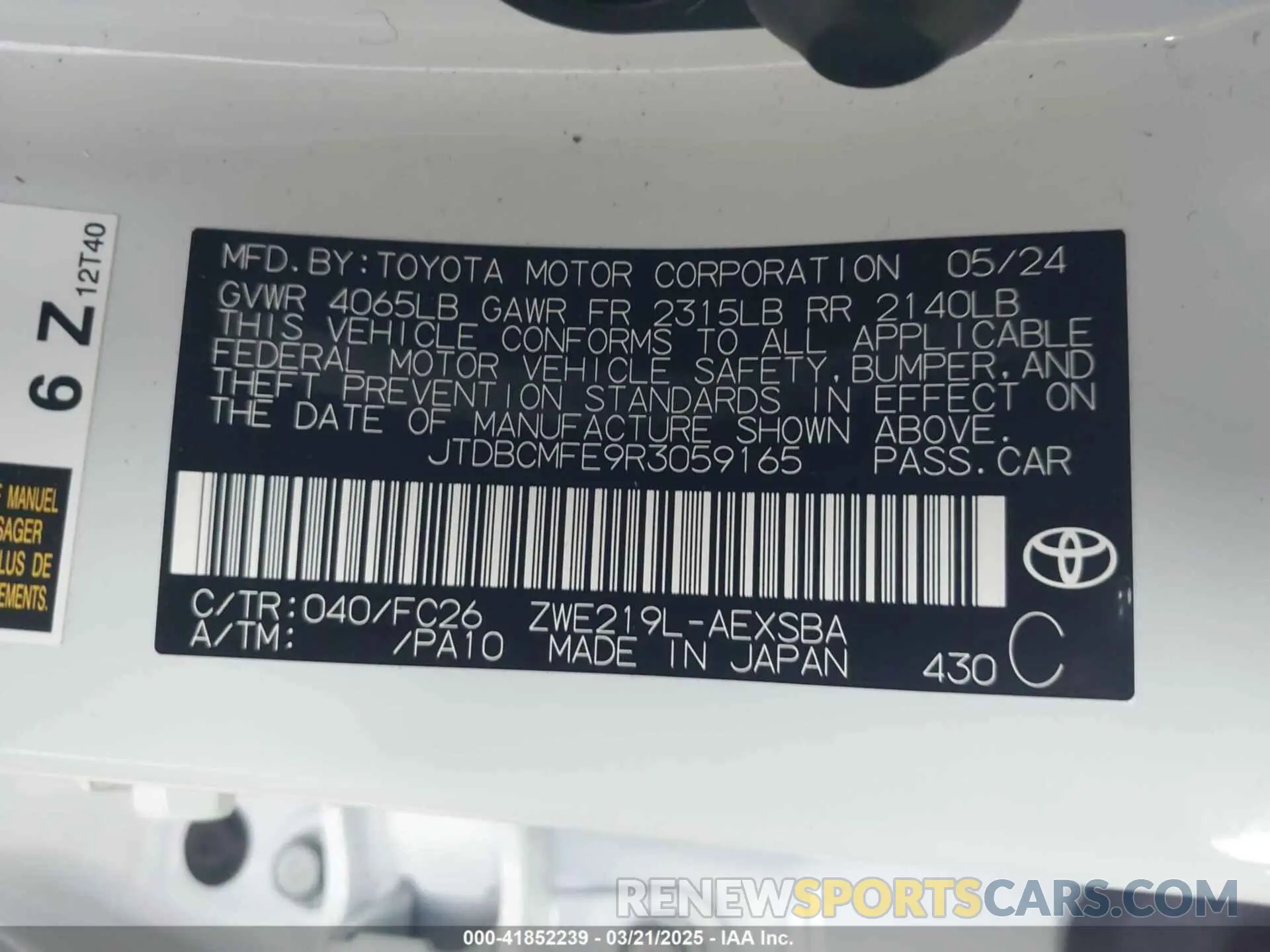 9 fotografías del automóvil dañado JTDBCMFE9R3059165 TOYOTA COROLLA 2024