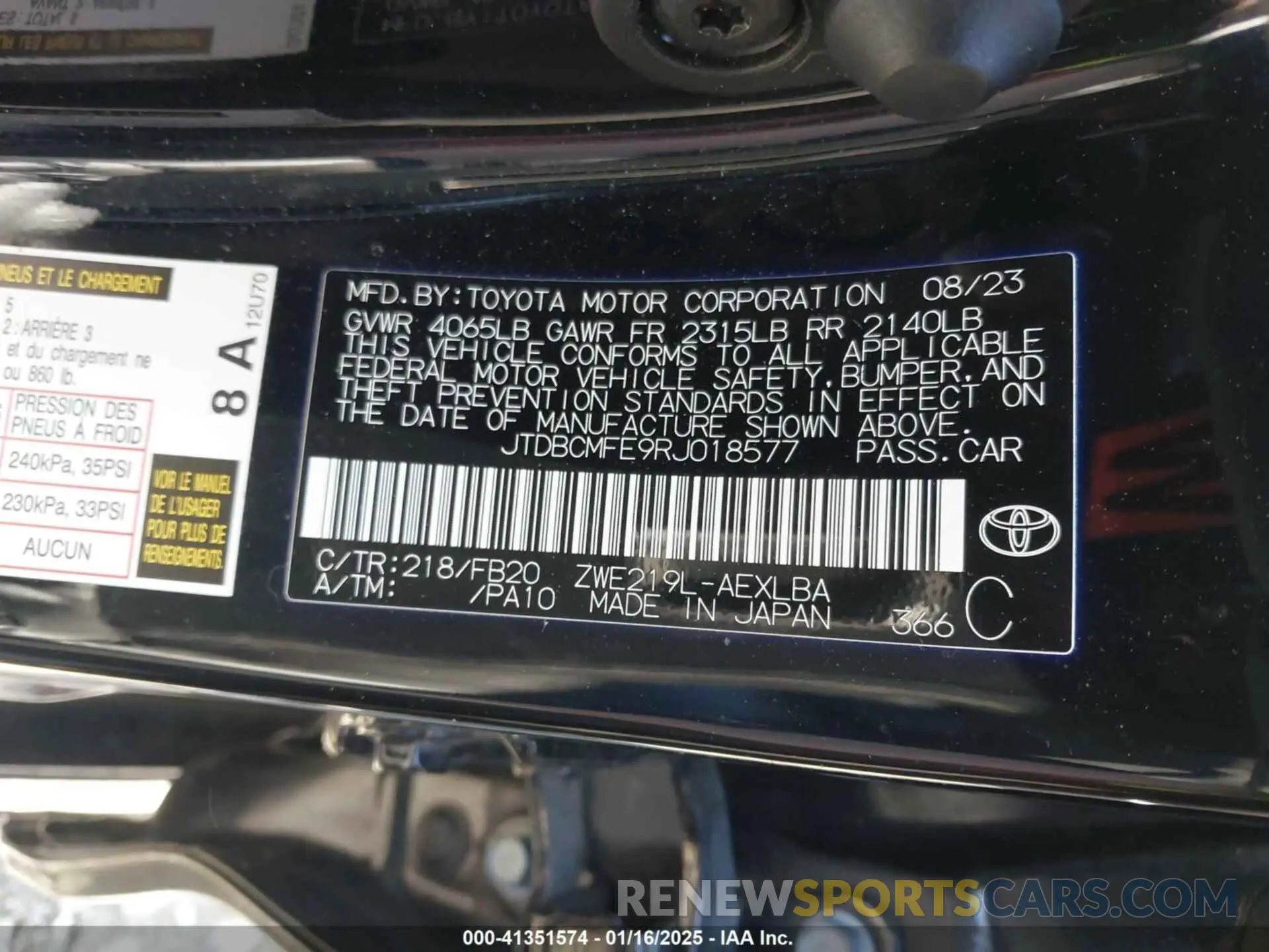 9 fotografías del automóvil dañado JTDBCMFE9RJ018577 TOYOTA COROLLA 2024
